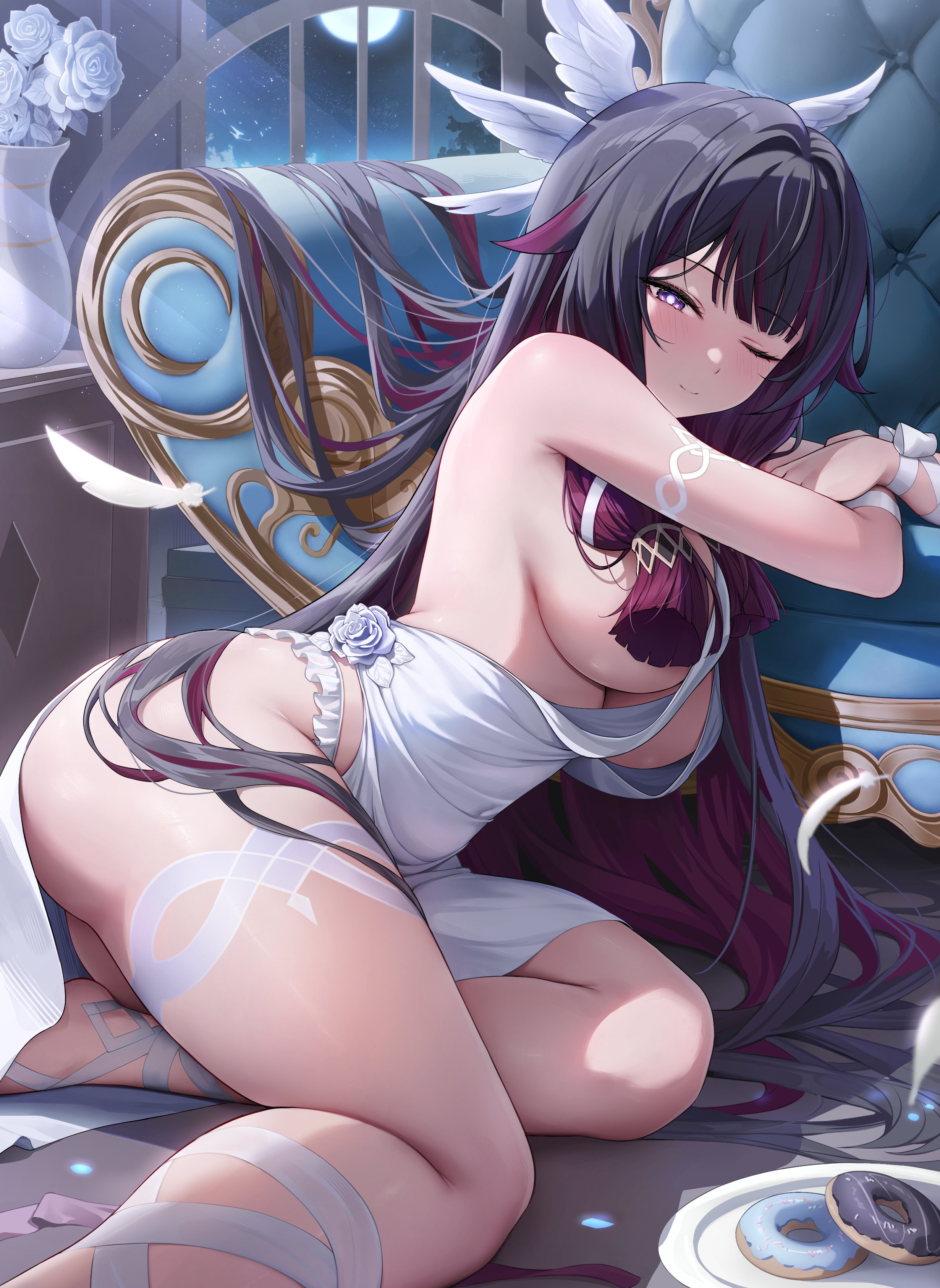 absurdres, alternate breast size (larger), alternate costume, backless dress, backless outfit, black hair, blush, breasts, columbina (genshin impact), couch, crossed arms, donut, dress, feathered wings, female, flower, food, full moon, genshin impact, hair spread out, hashtag-only commentary, head wings, highres, large breasts, long hair, looking at viewer, moon, night, on floor, one eye closed, rable, rose, sidelocks, sitting, smile, solo, thighs, white dress, white flower, white rose, white wings, wings, yokozuwari