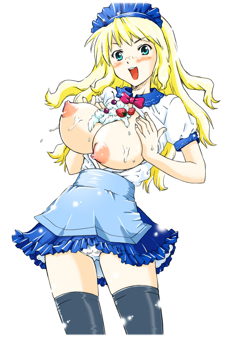 aqua_eyes blonde_hair blush breasts cherry freckles large_breasts maid nipples panties souko_souji strawberry thighhighs underwear whipped_cream zettai_ryouiki