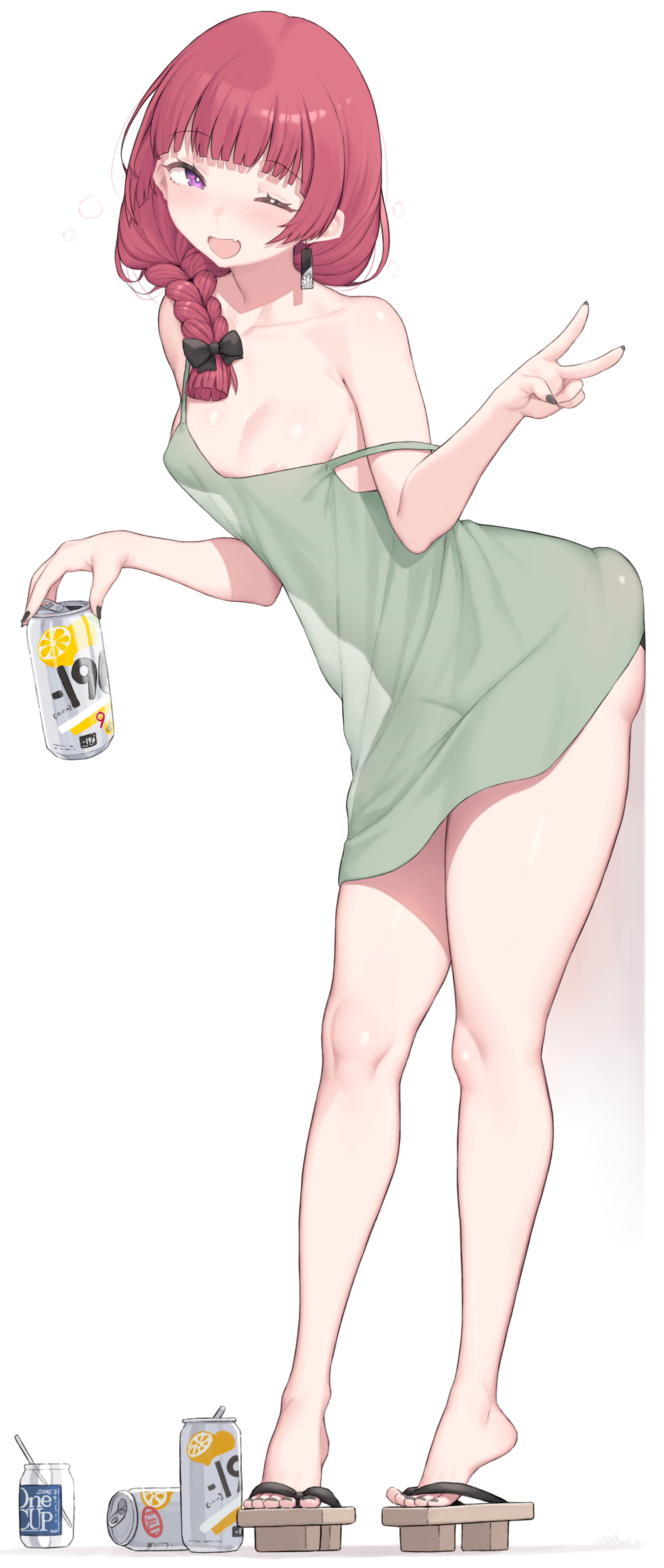 areola slip, ass, ass against wall, ass squish, ass visible through thighs, beer, beer can, black nails, black toenails, blush, bocchi the rock!, body lines, cloba, drunk, fang, full body, geta, hiroi kikuri, holding can, naked dress, nose blush, one eye closed, open mouth, sandals, see-through, see-through dress, small breasts, smile, straw, thighs, v