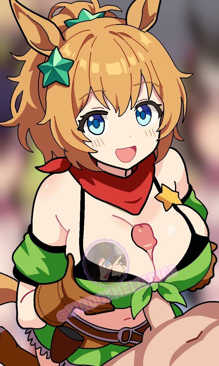 big breasts, blue eyes, casual, cowboy boots, cowboy shot, girl, happy, horse ears, horse girl, horse tail, innocent, kemonomimi, kindofmeltedice, kneeling, paizuri, penis, penis in breasts, taiki shuttle (umamusume), twitter username, umamusume, umamusume pretty derby, yellow hair