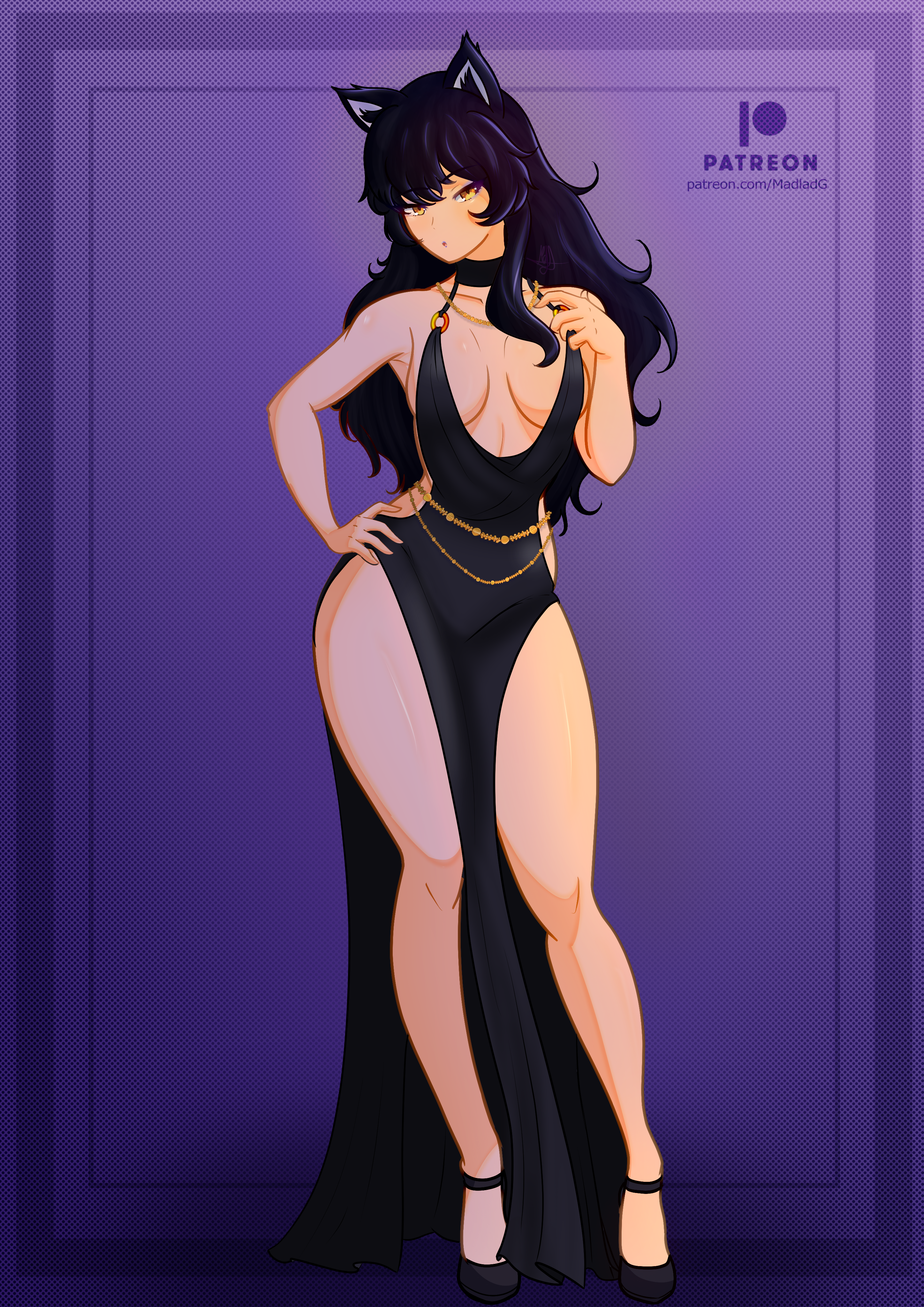 1girls, black hair, black hair female, blake belladonna, cat ears, cleavage, dress, faunus, long hair, long hair female, madladgamer, no bra, pose, posing, rwby, solo female, yellow eyes