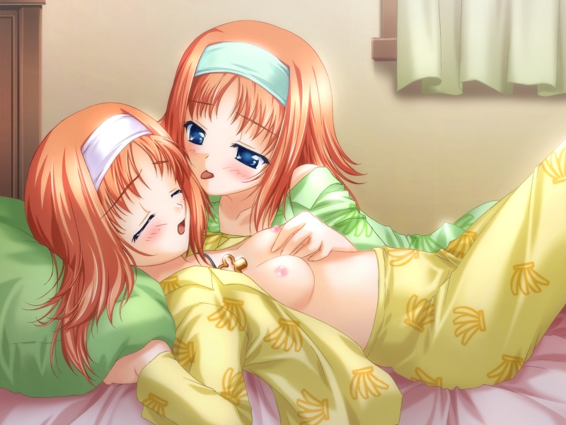 2girls amakase_miharu bed blue_eyes breast_grab breasts clothing da_capo female game_cg hairband incest licking miharu multiple_girls open_clothes open_shirt pajamas pillow red_hair shirt siblings sisters sleeping small_breasts source_request twincest twins yuri