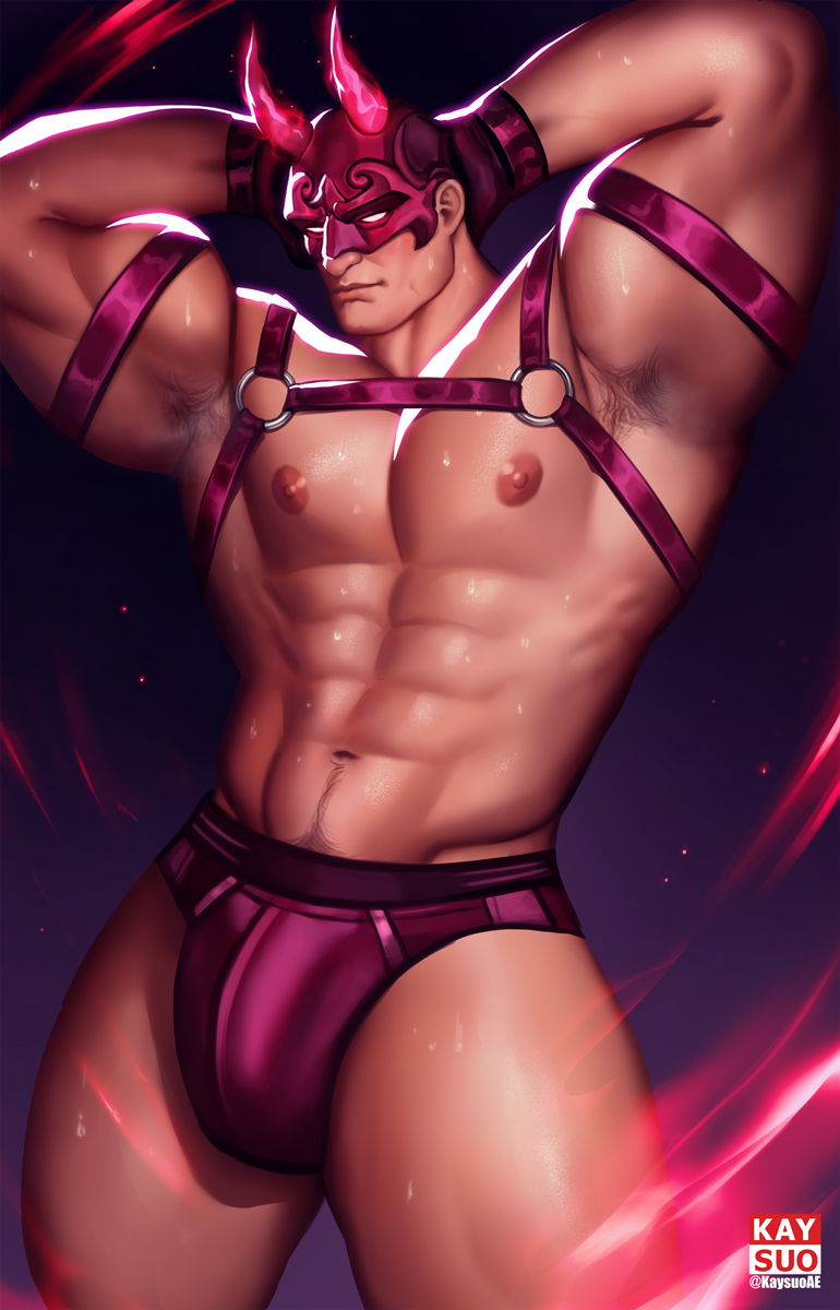 armpit, armpit hair, armpits, bara, bulge, daredevil, daredevil (marvel rivals), flaccid, hairy armpits, kaysuo, male, male focus, male only, marvel, marvel rivals, mask, masked, masked male, muscular, muscular male, musk, solo, solo male, sweat, sweating, thong
