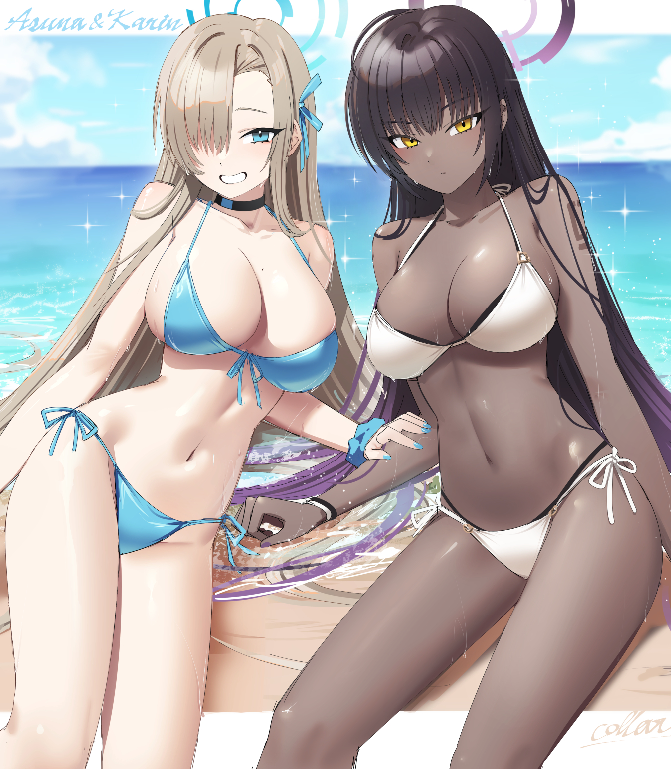 alternate costume, arm tattoo, asuna (blue archive), bare shoulders, beach, big breasts, bikini, black hair, black-haired female, blue archive, blue bikini, blue eyes, blue halo, blue nails, blush, breasts, chocolate and vanilla, choker, cleavage, collar color, collarbone, dark skin, dark-skinned female, female, front-tie bikini top, front-tie top, gradient hair, gradient halo, grin, groin, hair over one eye, hair ribbon, halo, halterneck, highres, karin (blue archive), large breasts, light brown hair, long hair, looking at viewer, mole, mole on breast, multicolored hair, multicolored halo, navel, purple hair, purple halo, ribbon, scrunchie, side-tie bikini bottom, sideboob, sitting, smile, solo, stomach, string bikini, swimsuit, tattoo, thighs, very long hair, white bikini, wrist scrunchie, wristband, yellow eyes