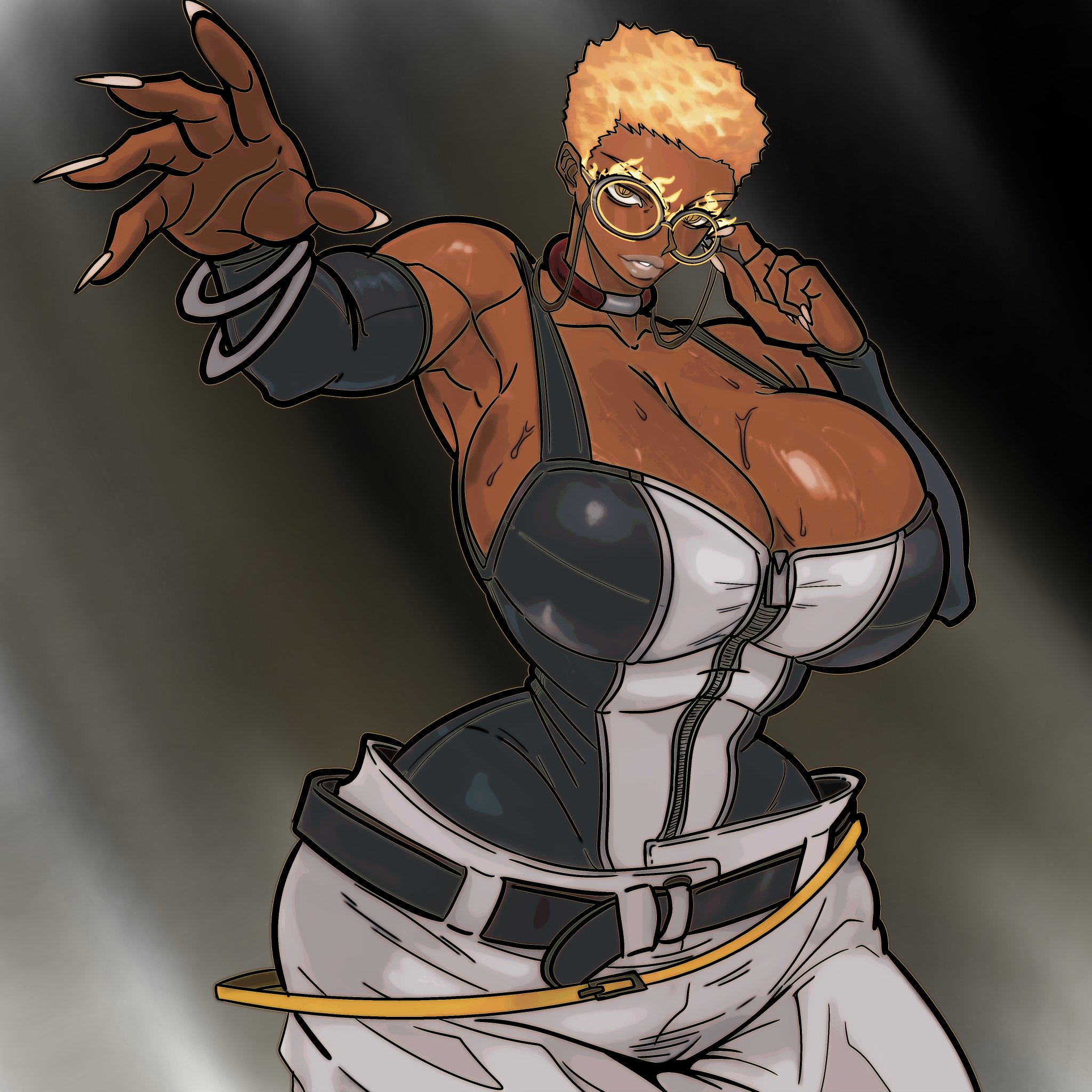 1girls, breasts bigger than head, collar, curvy figure, dark skin, dark-skinned female, female focus, fully clothed, gachiakuta, glasses, huge breasts, master dcj, mdcj77, nails, semiu grier, short hair, skimpy clothes, solo female, sweat, sweatdrop, sweating, thick thighs, toned, toned female, wide hips