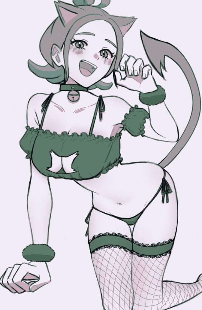 1girls, bell, blush, breasts, cat day, cat ears, cat tail, cleavage cutout, clothing cutout, collar, collarbone, fishnet stockings, fishnets, greyscale, harmony (pokemon), looking at viewer, muni (pkuv7235), navel, neck bell, nintendo, open mouth, panties, paw pose, pokemon, pokemon legends: z-a, seika (pokemon)