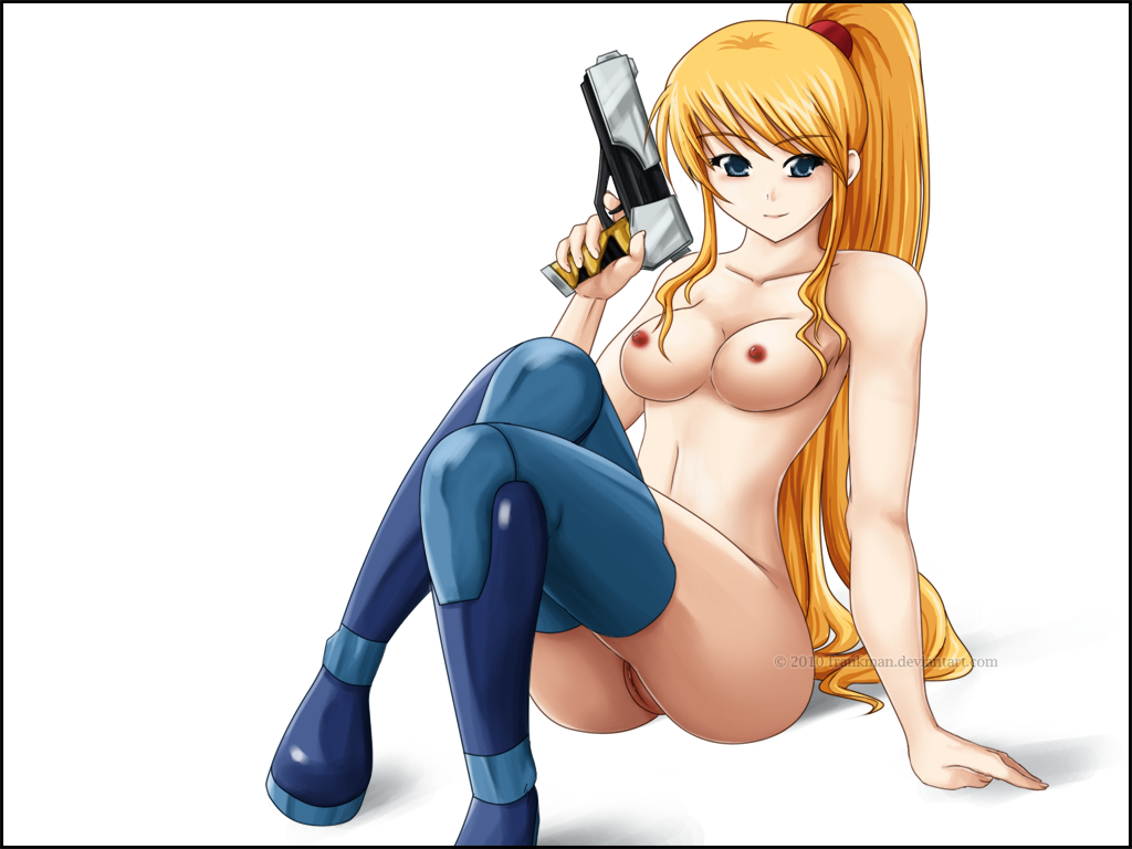 blonde_eyebrows blonde_hair blue_thighhighs breasts color eyebrows eyebrows_visible_through_hair female female_only gun hair holding_gun holding_pistol holding_weapon human metroid nintendo nipples pistol samus_aran simple_background solo thighhighs thighs weapon white_background zero_suit zero_suit_samus