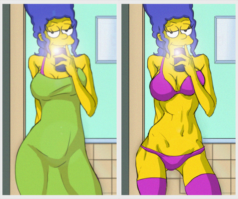 barabba92 blue_hair color female female_only human lingerie marge_simpson mirror_selfie selfie solo the_simpsons