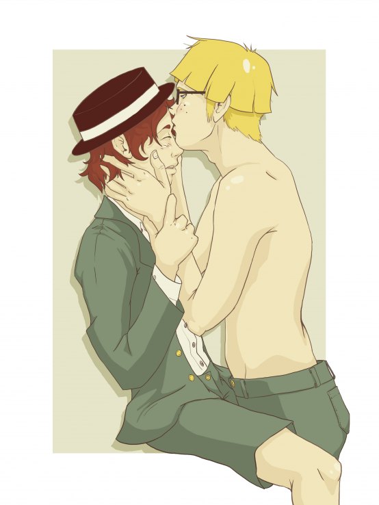 bull_cut earthbound freckles glasses hat jeff jeff_andonuts kiss_on_forehead kissing morikojlae school_uniform shirtless tony_(earthbound) yaoi