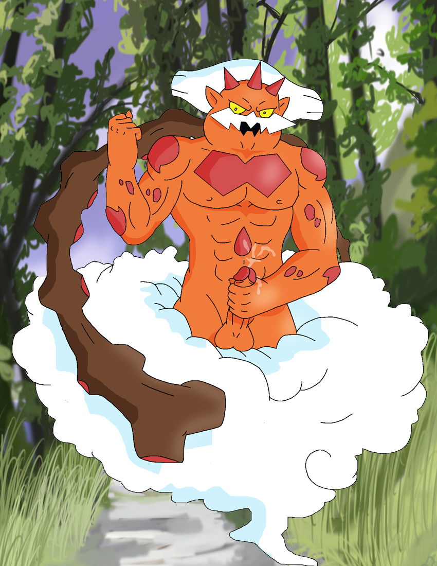 1boy buff colored cum landorus looking_at_viewer male male_only masturbation penis pokemon solo testicles