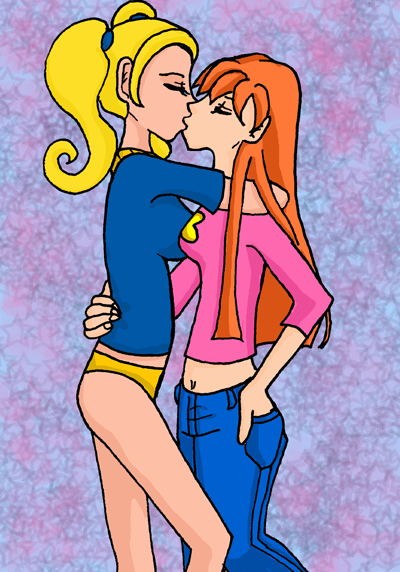 2girls bare_midriff blonde_hair brittany_taylor clothing daria female height_difference jeans kissing multiple_girls panties quinn_morgendorffer red_hair yuri