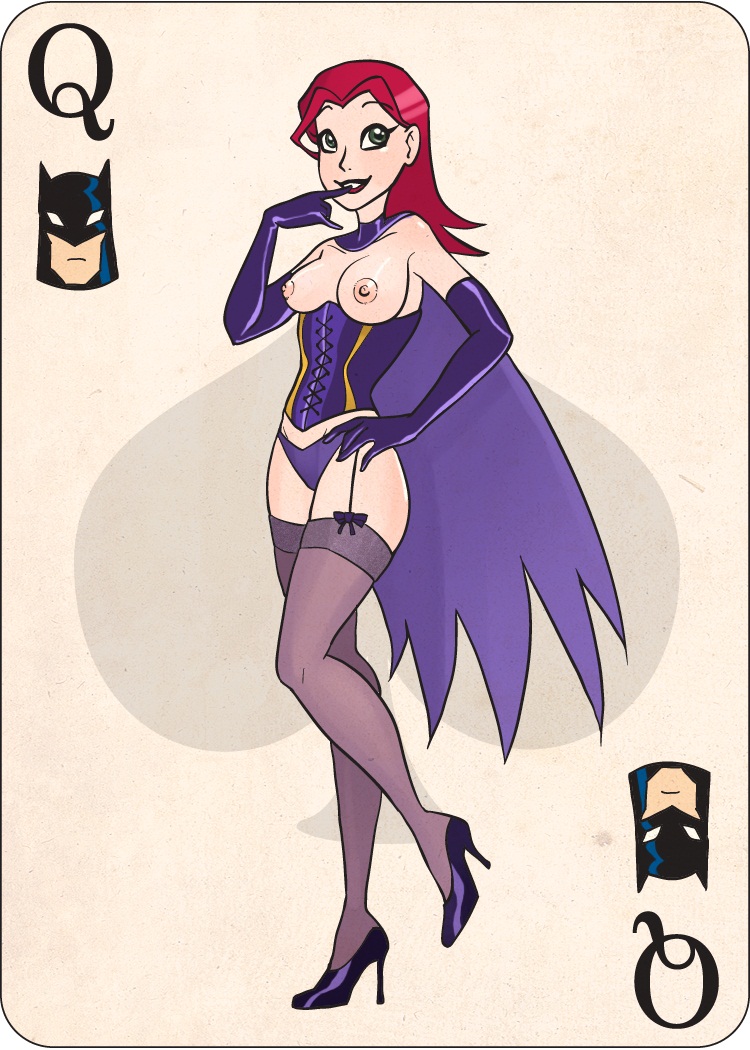 barbara_gordon batgirl batgirl_(the_batman) batman_(series) breasts cape card_(medium) corset dc_comics female female_only gloves high_heels human lingerie ninjakitty nipples panties playing_card red_hair solo stockings the_batman topless white_background