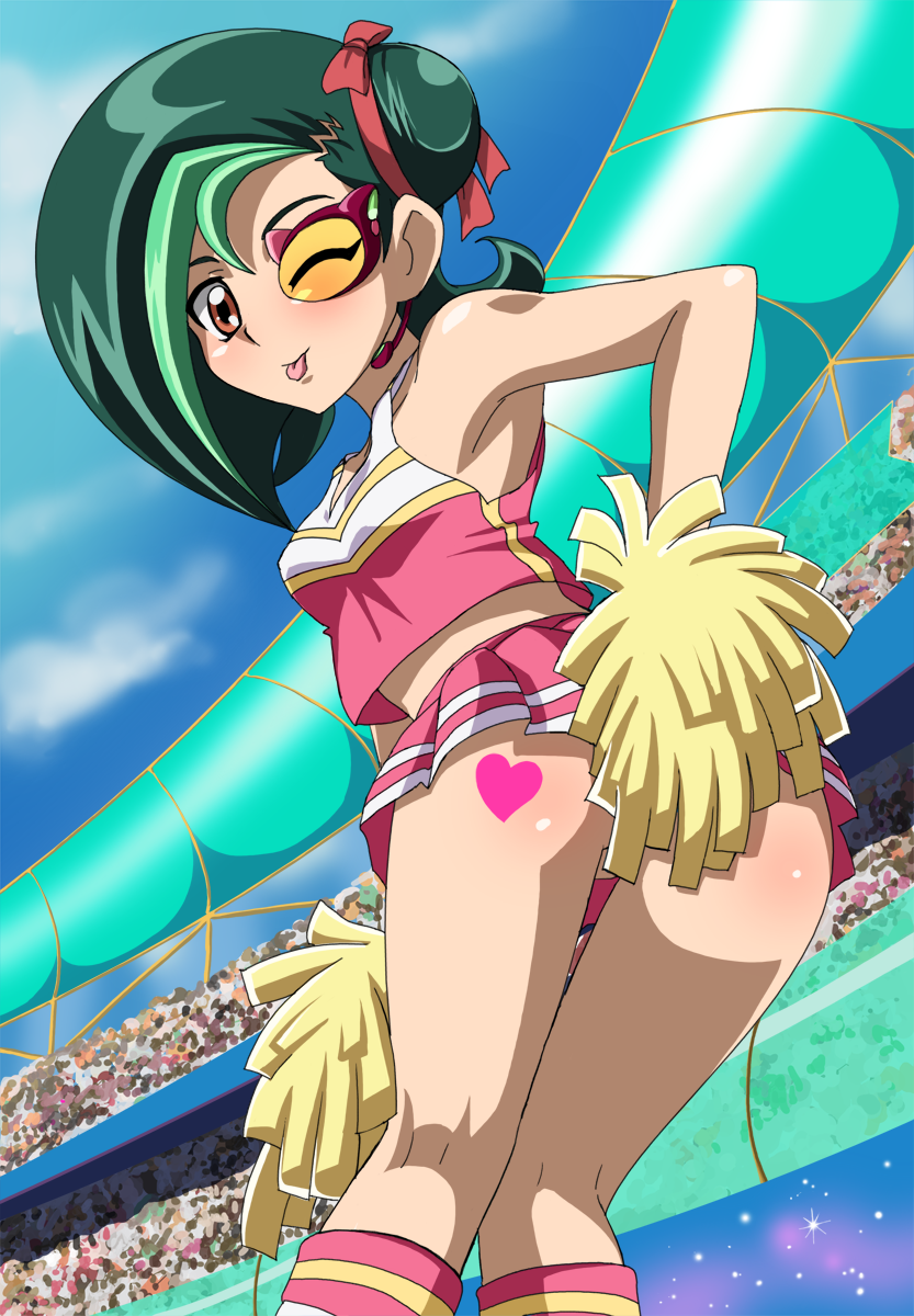 1girls ass audience background_characters blush brown_eyes cheerleader duel_gazer female green_hair hi_res kotori_mizuki looking_back no_panties public short_hair skirt solo_focus tongue tongue_out tori_meadows wink yu-gi-oh! yu-gi-oh!_zexal