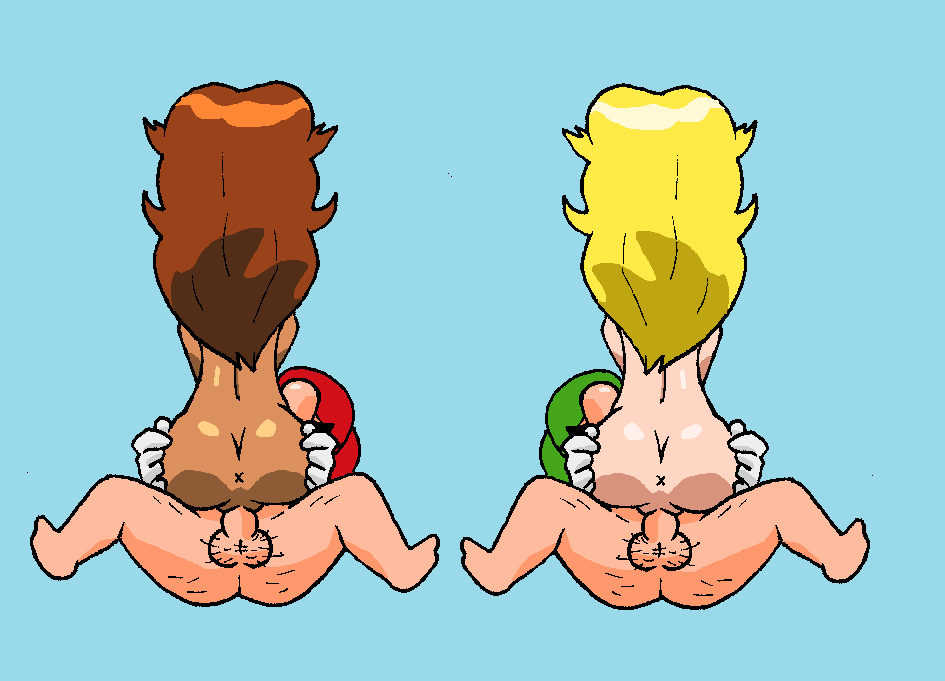 2boys 2girls anus ass ass_grab back back_view blonde_hair blue_background brown_hair cap color dark-skinned_female dark_skin facial_hair female gloves hairy_testicles human insertion light-skinned_female light_skin long_hair luigi male mario mario_(series) monkeyb moustache nintendo nude pale_skin penis princess_daisy princess_peach sex straight super_mario_bros. super_mario_land swingers tan_skin vulva