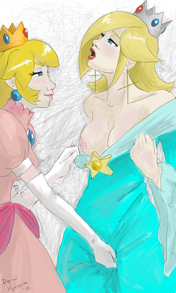 2girls breasts clothes color crown digital_hysteria dress duo ear_piercing earrings female female_only fingering fingering_partner fingering_pussy fingering_through_clothes human lips lipstick mario_(series) multiple_girls nintendo nipples piercing pink_lipstick princess_peach princess_rosalina red_lipstick star_earrings tagme yuri