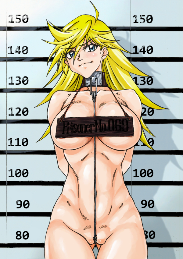 1girls arms_behind_back arms_tied arms_tied_behind_back between_labia blonde_hair blue_eyes blush bondage breasts captured collar femsub jordi large_breasts leash leash_and_collar medium_hair mugshot panty_&_stocking_with_garterbelt panty_anarchy prison submissive submissive_female