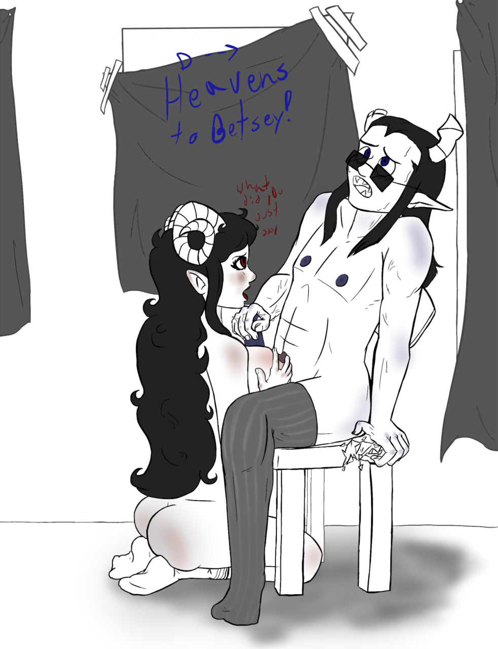 1boy 1girls aradia_megido ass black_hair blue_eyes breasts broken_chair dialogue equius_zahhak gripping_chair homestuck horns long_hair ms_paint_adventures naked nipples on_knees open_mouth paizuri pointy_ears red_eyes red_lips sharp_teeth socks stockings straight sunglasses text troll white_background white_skin