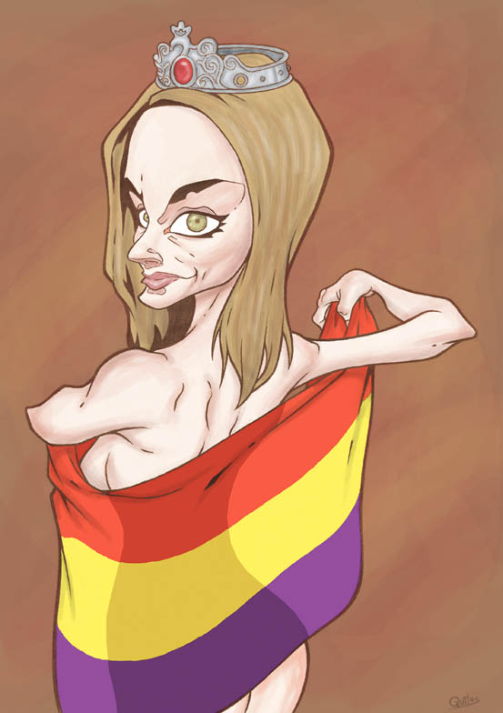 1girls annotated blonde_hair cartoony cowboy_shot crown female female_only flag_only gunsmithcat human_only letizia_ortiz monarch monarchy naked_flag paradox queen queen_letizia real_person satire see-through_silhouette solo spain spanish_republican_flag standing tagme yellow_eyes