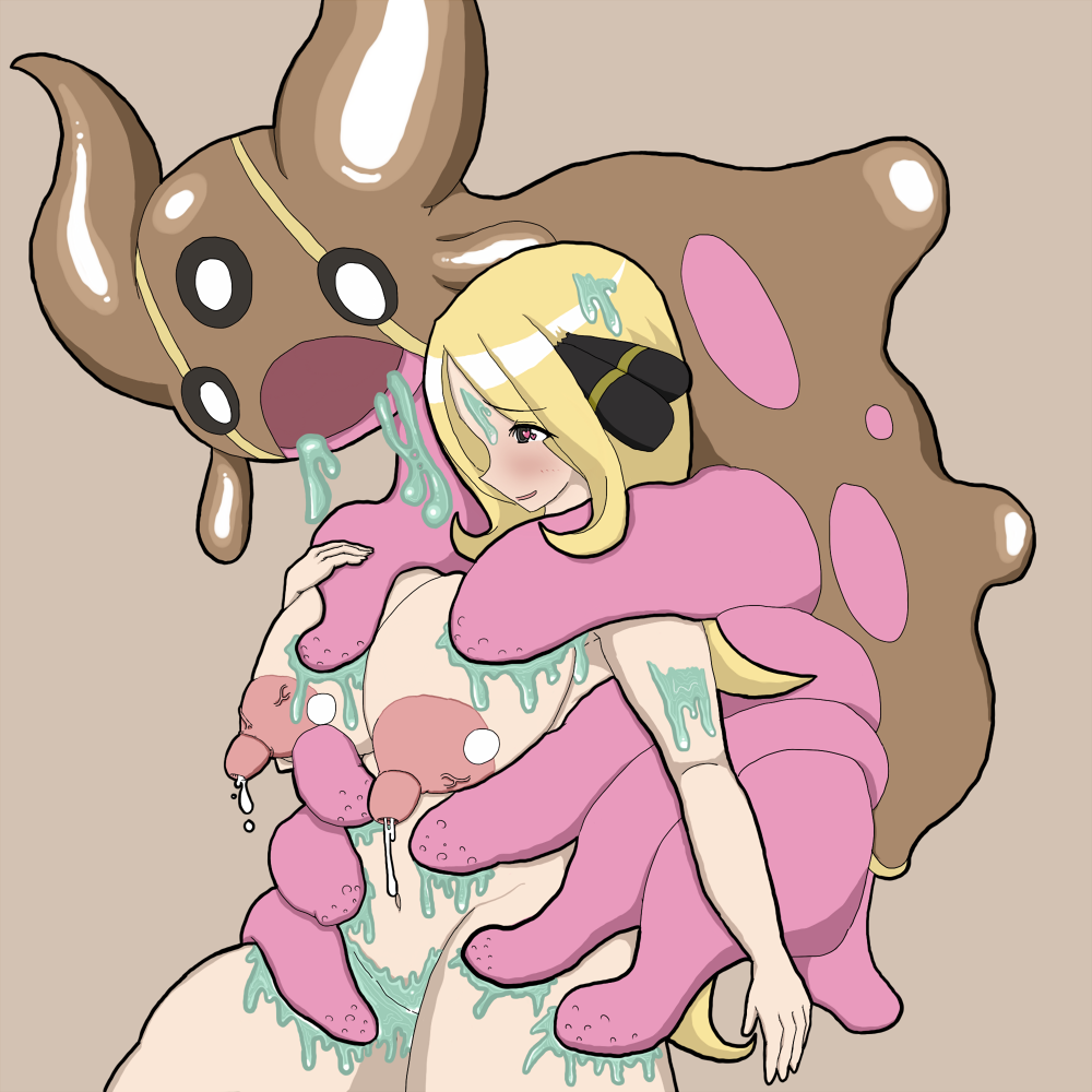 blonde_hair bondage breasts cynthia_(pokemon) female gastrodon heart heart_eyes human lactation large_breasts large_nipples nintendo pokemon tentacle yunker