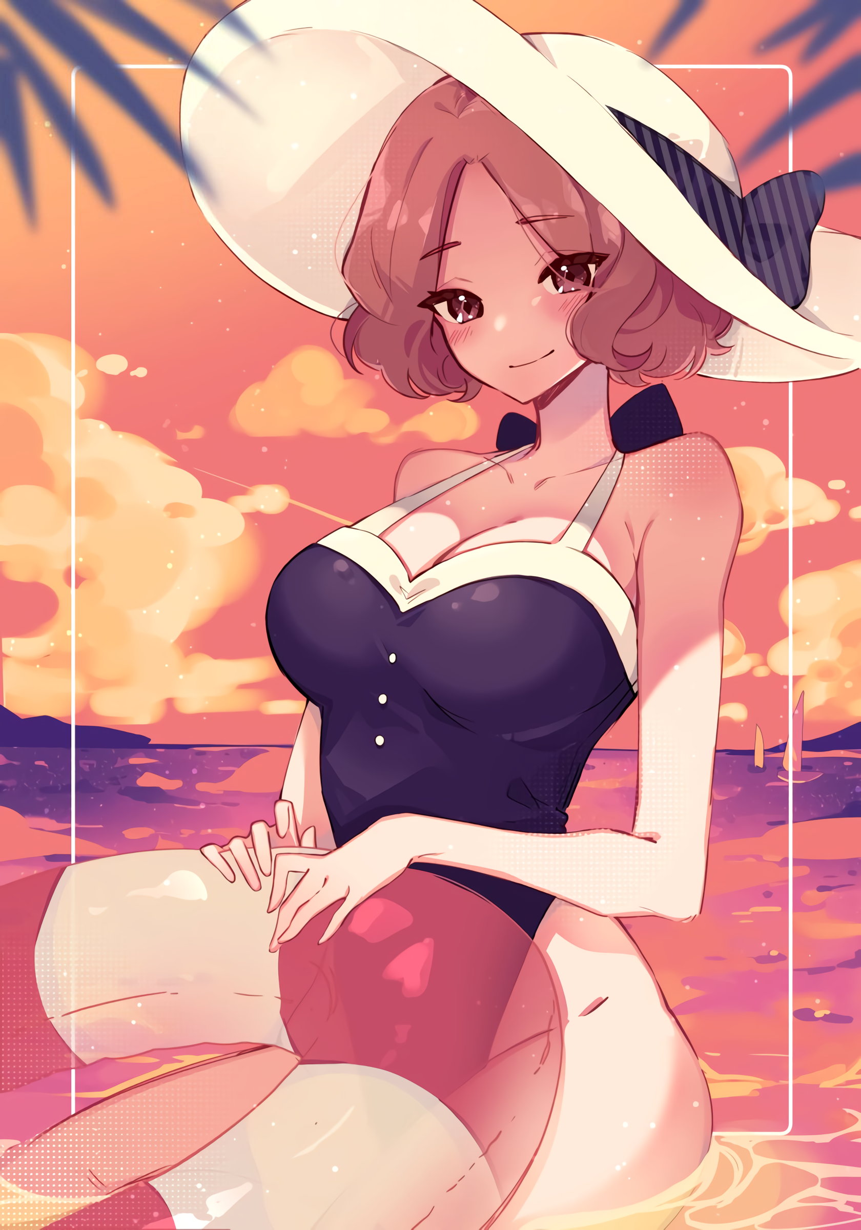 :), 1girls, atlus, background, bare shoulders, big breasts, blush, breasts, brown hair, chest, cleavage, collarbone, colonel emi, cute, dusk, female, female only, floatie, haru okumura, haru okumura (swimsuit strikers), hat, highres, large hat, light skin, light-skinned female, looking at viewer, one-piece swimsuit, outdoors, outside, persona, persona 5, persona 5 scramble: the phantom strikers, short hair, smile, smiling at viewer, solo, standing, standing in water, sunset, swimsuit, thin arms, water, wide hips