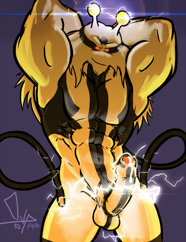 anthro bgn claws color cum electivire electric electricity foreskin fur furry male male_only muscles nude penis pokemon solo standing tagme tail testicles uncircumcised uncut