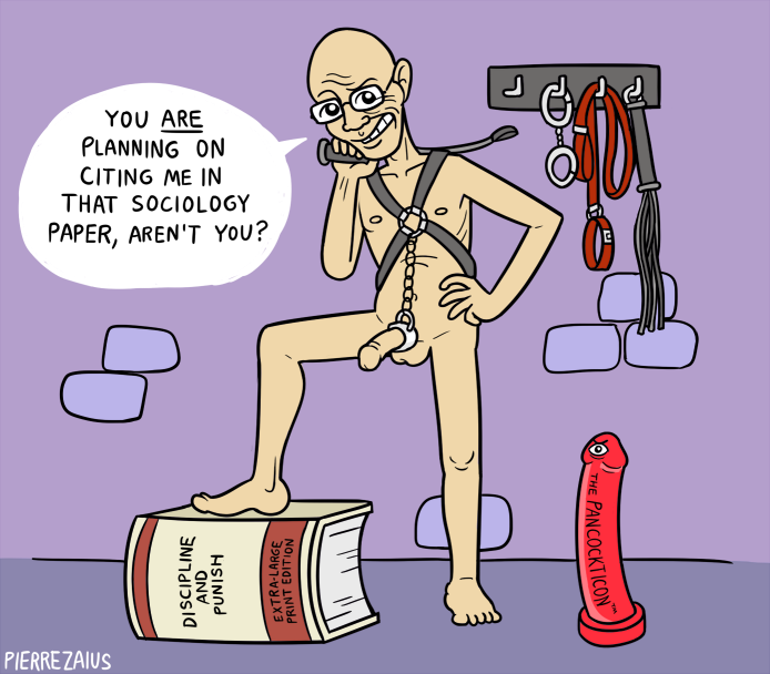 1boy bald bald_man bdsm_gear book circumcised cock_ring collar dildo dungeon facing_viewer foot_on_book full_body glasses grin hairless half-erect hand_on_hip handcuffs harness large_book large_dildo leash leg_lift looking_at_viewer male male_only michel_foucault no_pubic_hair nude nude_male penis pierrezaius purple_background real_person riding_crop single_eye sneer sociology solo stone_wall tagme uncensored whip