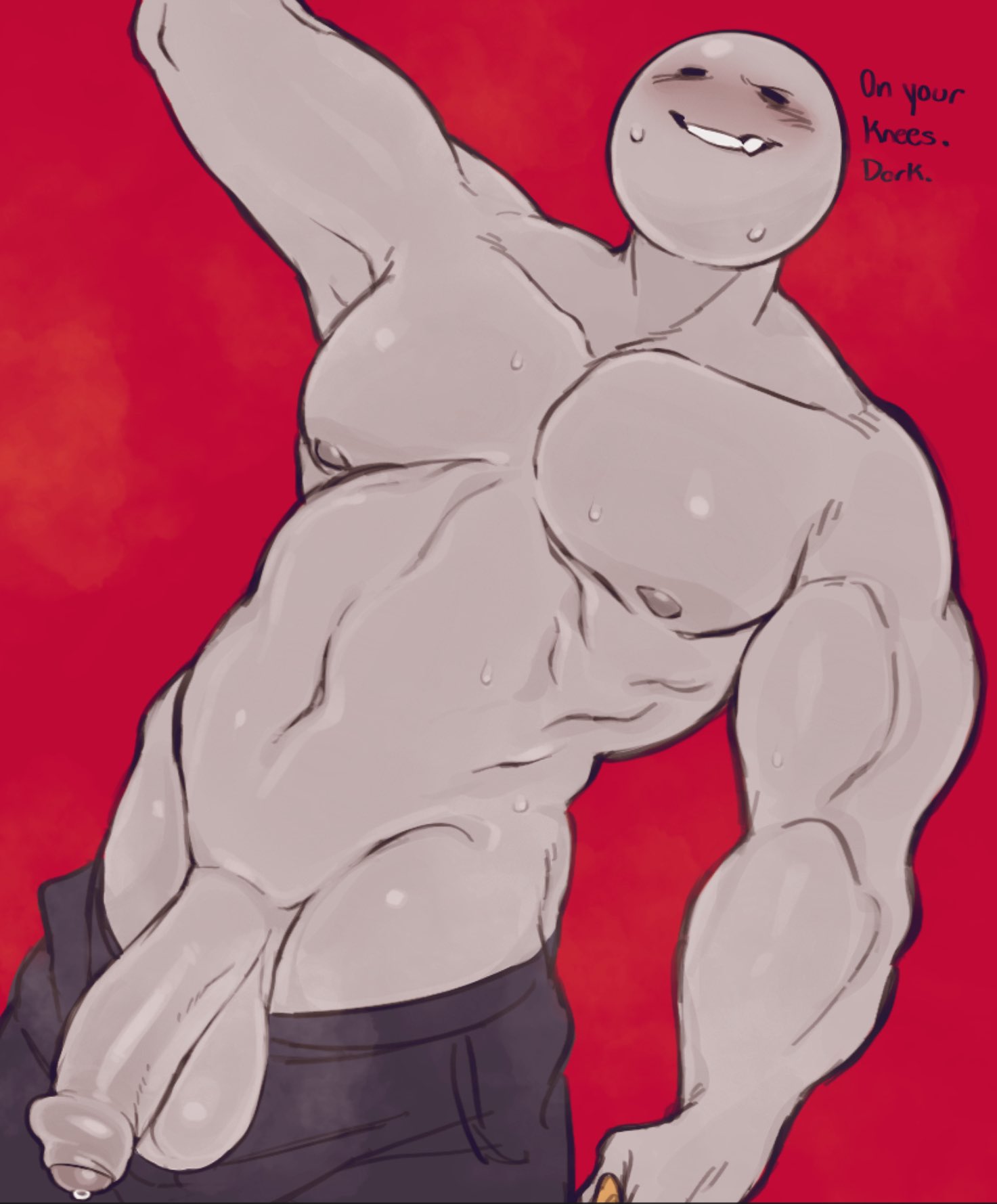 averrbaverr, bara, bara tits, big penis, breasts, date everything, doug (date everything), foreskin, male, male only, pants down, penis, red background, standing over viewer, uncircumcised, yaoi