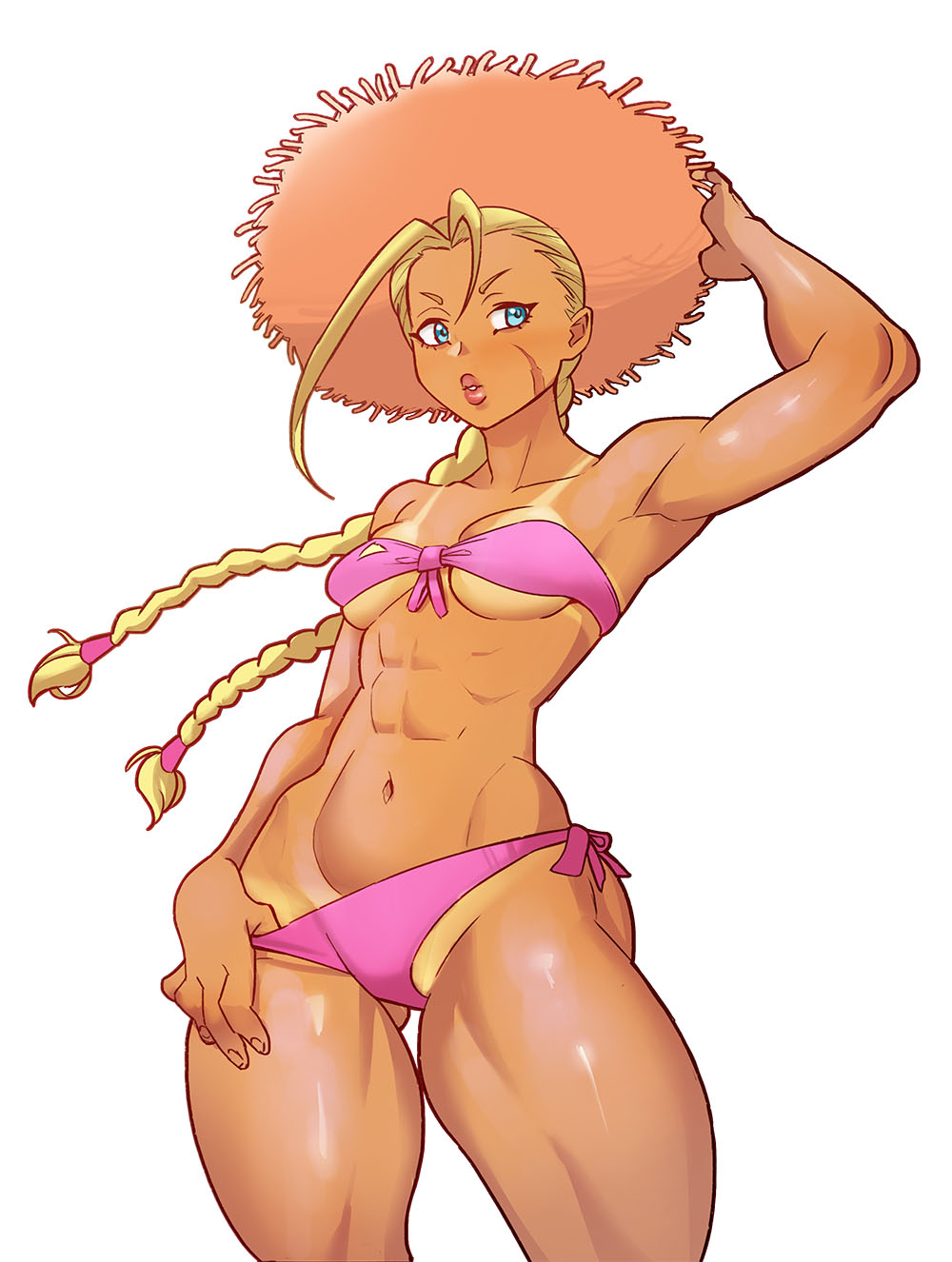 1girls, abs, athletic, athletic female, bandeau bikini, bikini, blonde hair, braid, braided hair, breasts, cammy white, capcom, female, female focus, female only, glerpman, hat, medium breasts, street fighter, street fighter 6, tan body, tan skin, tan-skinned female, tanline, tanlines, tanned, tanned female, tanned skin, thick thighs, twin braids, white background