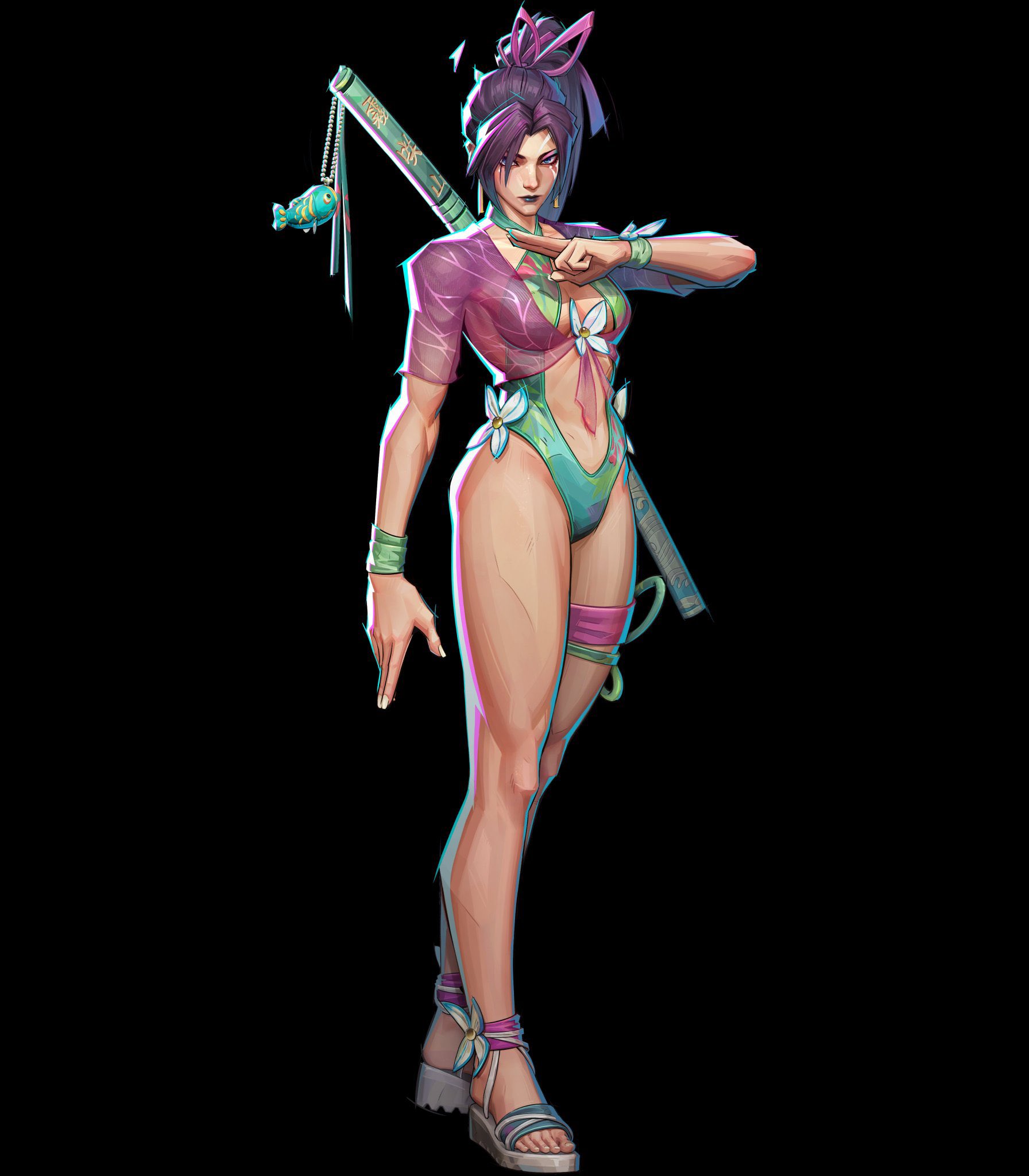 1girls, 3d, ass, big ass, big breasts, breasts, cleavage, female, female only, marvel, marvel rivals, official alternate costume, official art, psylocke, psylocke (marvel rivals), psylocke (sai) (breezy butterfly), solo, swimsuit, thick thighs