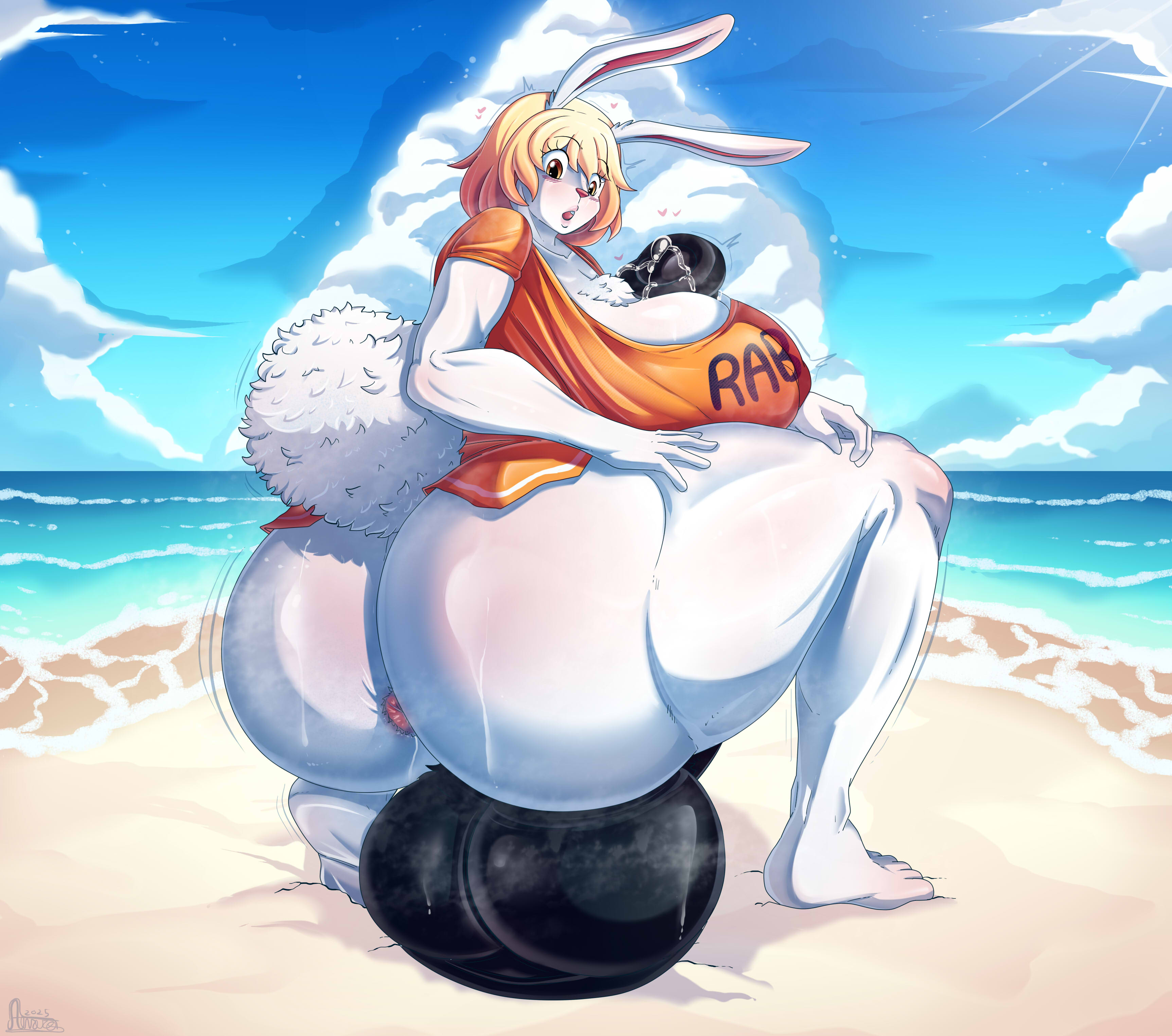 1futa, anthro, ass, asshole, balls, beach, blonde hair, breasts, bunny ears, bunny girl, carrot (one piece), cock, day, equine genitalia, equine penis, erection, female, furry, futa only, futanari, huge ass, huge balls, huge breasts, huge cock, intersex, looking back, one piece, penis, rabbit, rabbit ears, rabbit girl, rabbit tail, sand, squatting, sunny, surprised, surprised expression, water, white fur