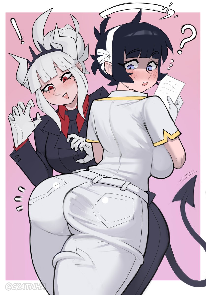 2girls, angel, ass, azazel (helltaker), black hair, black jacket, black necktie, blue eyes, blush, breasts, ckatnha, crown, demon, demon girl, demon horns, demon tail, female, gloves, hair ribbon, halo, helltaker, highres, horns, jacket, jeans, looking back, lucifer (helltaker), mole, mole under eye, multiple females, multiple girls, necktie, office lady, pants, red eyes, red shirt, ribbon, shirt, tail, tail wrap, white gloves, white hair, white horns, white pants, white ribbon, white shirt