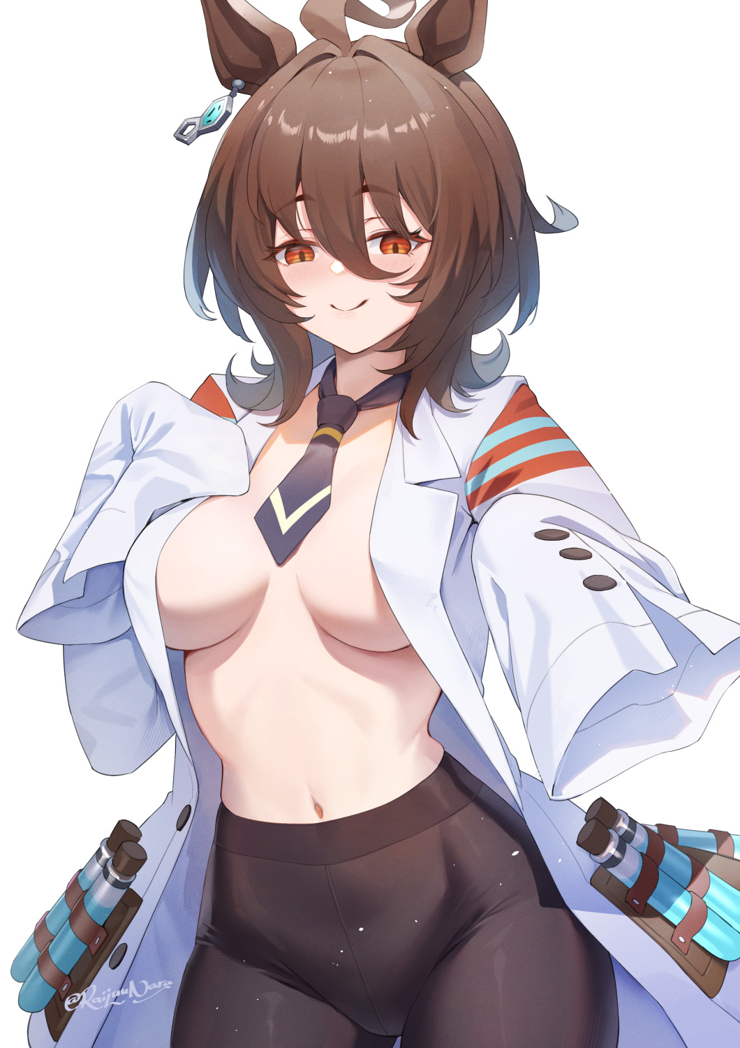 agnes tachyon (umamusume), alternate breast size, belly, blush, breasts, cameltoe, center opening, closed mouth, collarbone, curvaceous, curvy, curvy female, curvy figure, female, large breasts, leggings, navel, no bra, open jacket, pantyhose, pussy, signature, slim waist, smile, thick thighs, thighs, umamusume, wide hips