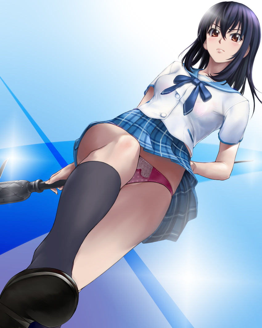 black_hair blush clothing female from_below highres himeragi_yukina orange_eyes panties plaid plaid_panties plaid_skirt polearm school_uniform serafuku shisshou_senkoku short_hair skirt solo spear strike_the_blood underwear upskirt weapon