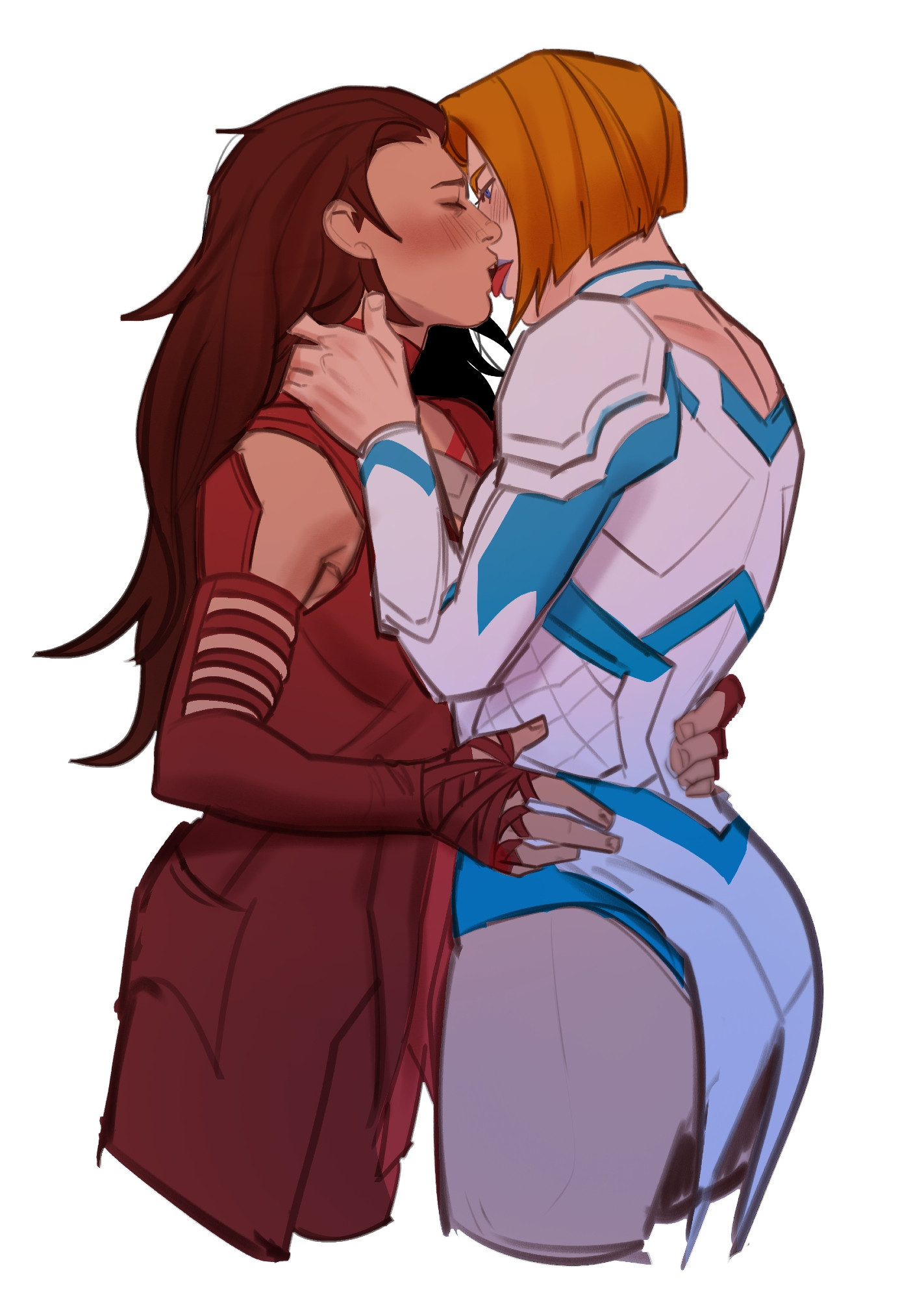 blush, clothed, crack pairing, embrace, emma frost, emma frost (marvel rivals), female, fingerless gloves, fluffylamby, girls kissing, height difference, kinky lamby, kissing, marvel, marvel comics, marvel rivals, red and blue, scarlet witch, scarlet witch (marvel rivals), yuri