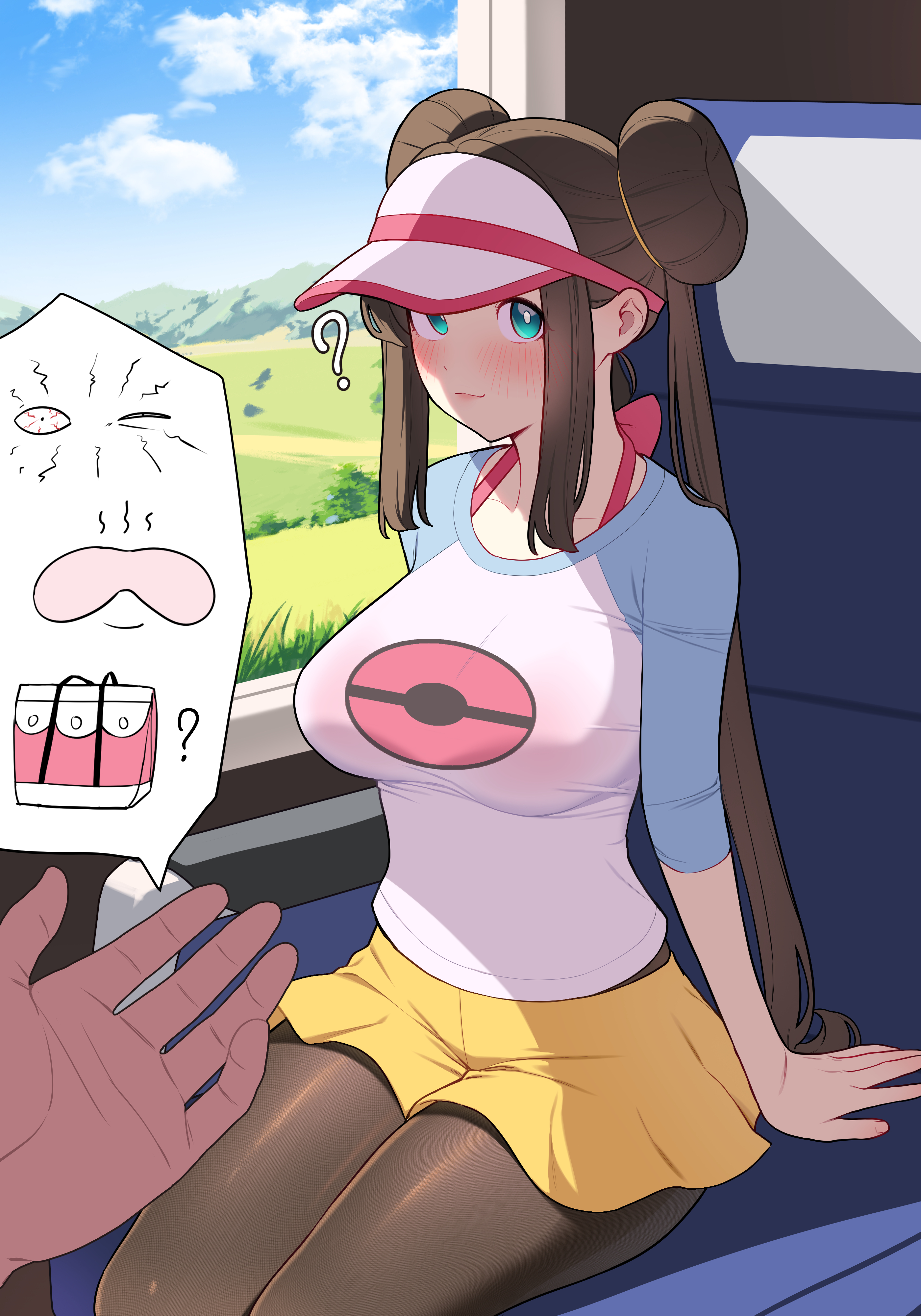 ?, 1boy, 1girls, absurdres, aqua eyes, black pantyhose, blue sky, blush, breasts, brown hair, closed mouth, day, double bun, female, hair bun, halterneck, highres, large breasts, long hair, looking at viewer, male, matdoljangin, mei (pokemon), mixed-language commentary, nintendo, pantyhose, pokemon, pokemon bw2, pov, pov hands, print shirt, rosa (pokemon), shirt, shorts, sidelocks, sitting, sky, spoken object, three-quarter sleeves, train interior, twintails, very long hair, visor cap, white shirt, yellow shorts