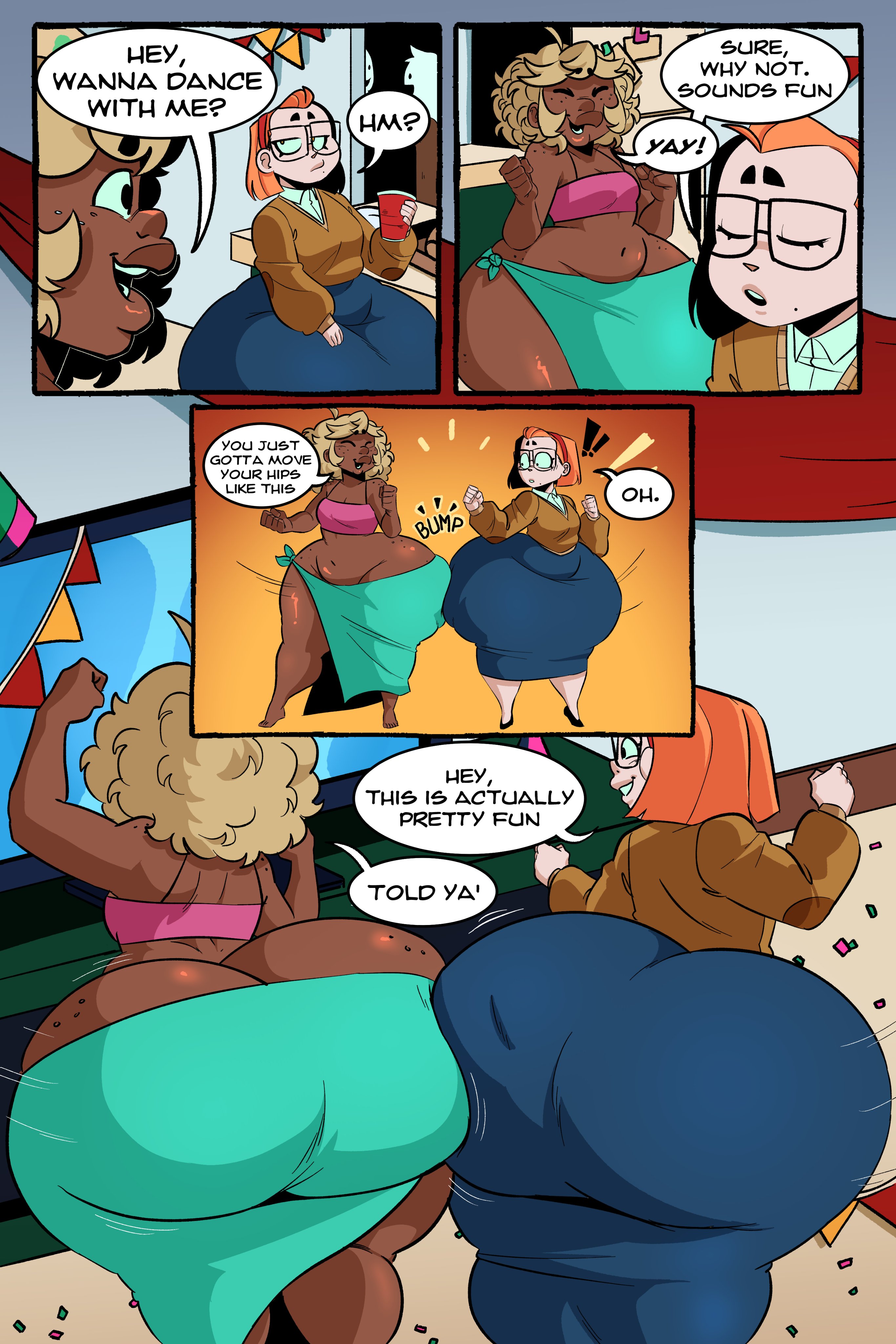 ass, ass body, ass bounce, bouncing ass, brookie (elpiromanias), comic, dancing, donette (elpiromanias), elpiromanias, fat ass, huge ass, librarian, original character, party, thick thighs
