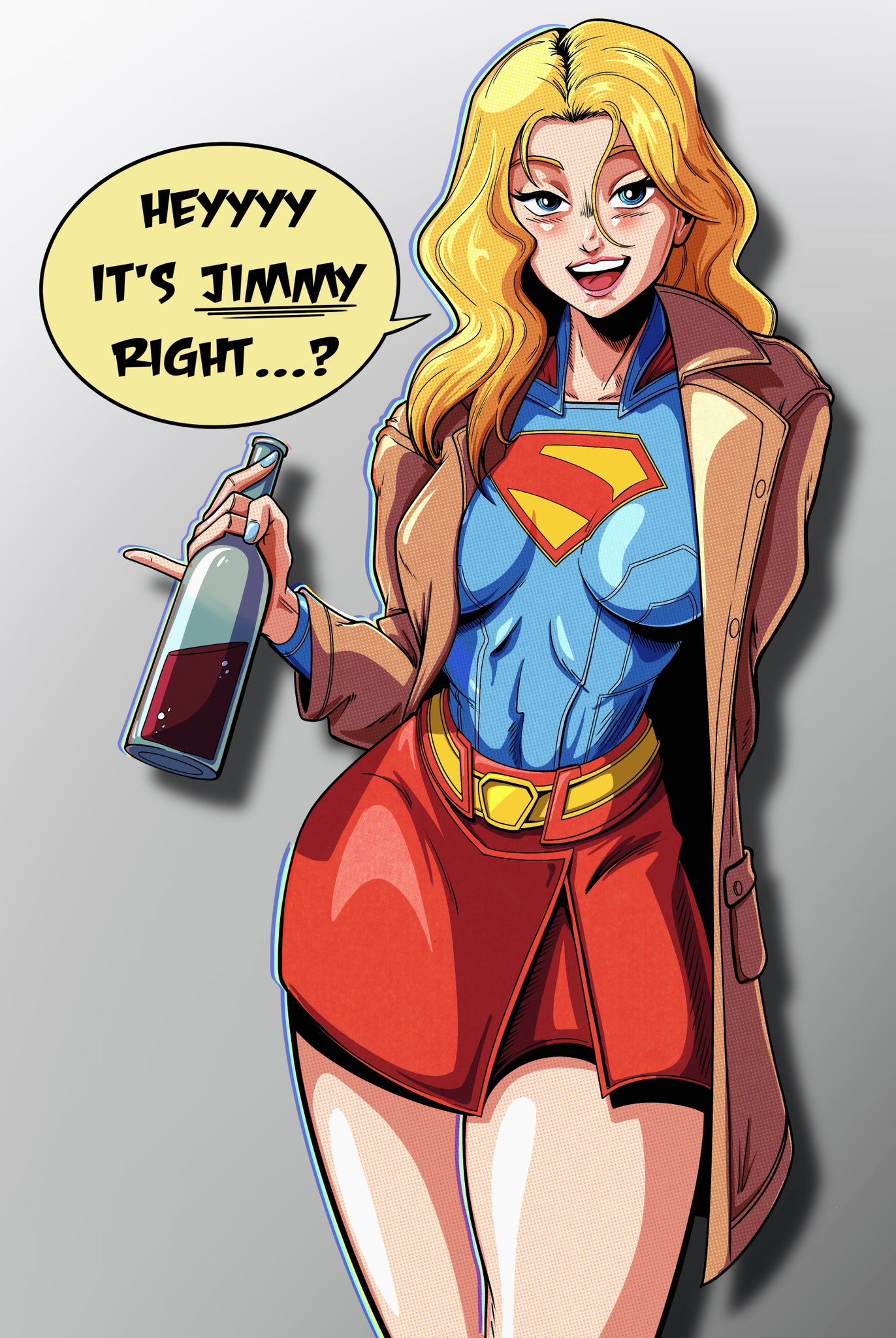 1girls, alcohol, alternate version available, big breasts, blonde female, blonde hair, blue eyes, blush, breasts, cape, clothed, clothes, clothing, coat, dc, dc comics, dcu, drunk, drunk female, female, female focus, female only, flirt, flirting, jimmy olsen, milkcratecomics, offscreen character, skirt, supergirl, supergirl (dcu), superhero, superheroine, superman (2025), superman (series), thighs, trenchcoat