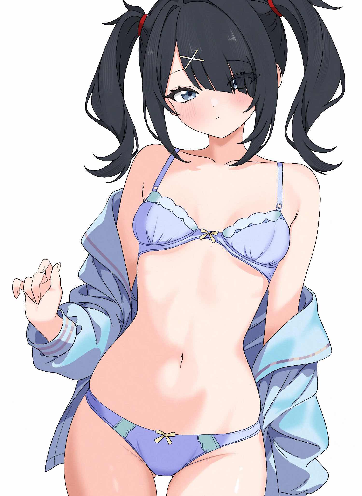 :<, ame-chan, blush, breasts, chouzetsusaikawa tenshi-chan, cowboy shot, expressionless, female, inami (x spidekawaii x), lingerie, needy girl overdose, needy streamer overload, off shoulder, petite, serafuku, slender waist, small breasts, small waist, thighs, undressing