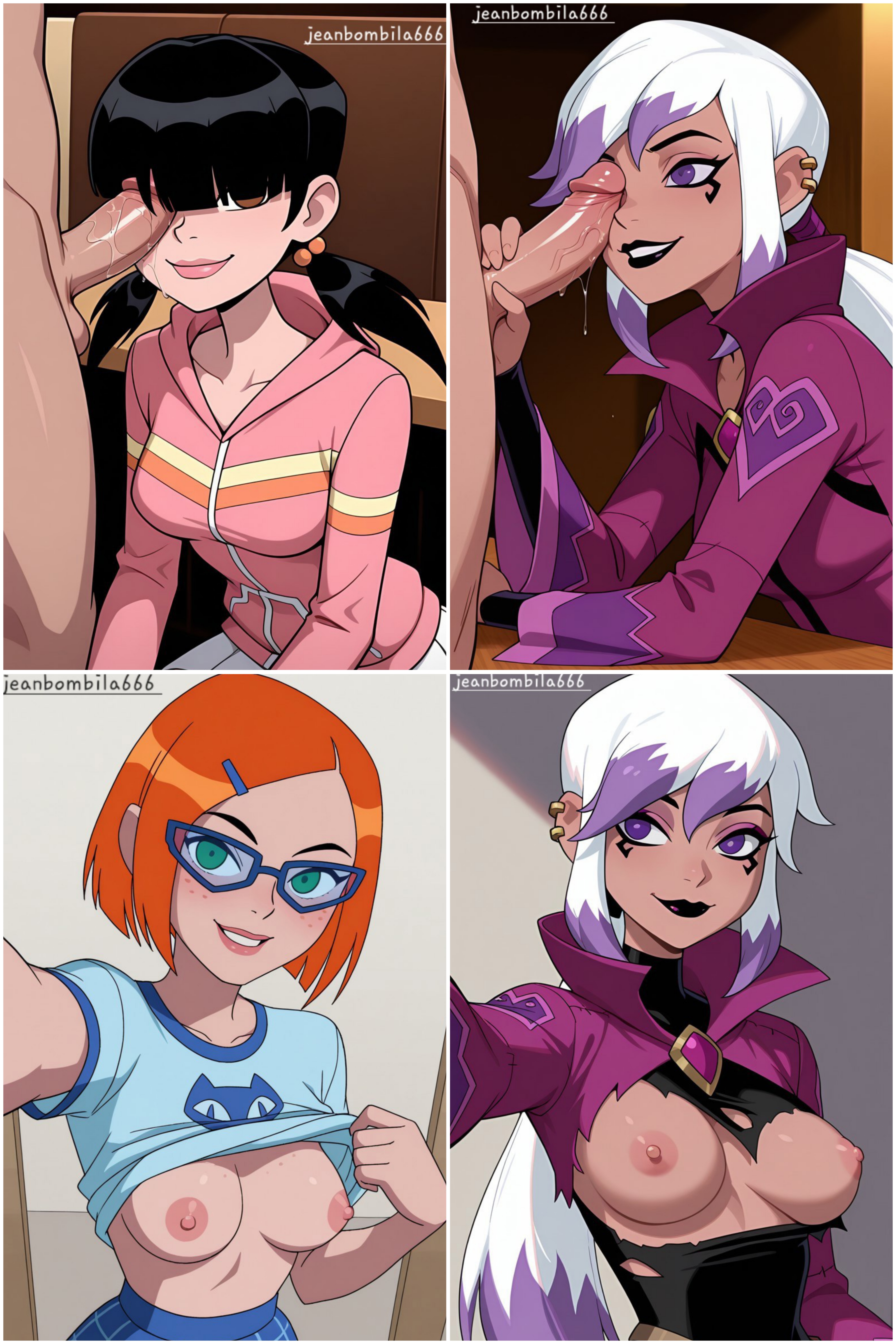 3girls, ai generated, ben 10, ben 10 omniverse, breasts, cartoon network, charmcaster, charmcaster (omniverse), female, gwen tennyson, gwen tennyson (omniverse), jeanbombila666, julie yamamoto, male, milf, multiple females, multiple girls, penis, penis on face