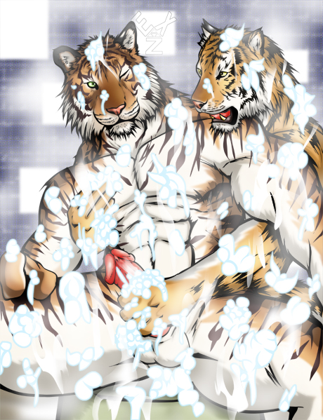 anthro balls bath feline fur furry handjob lather male male_only muscles nude one_closed_eye penis sitting tiger