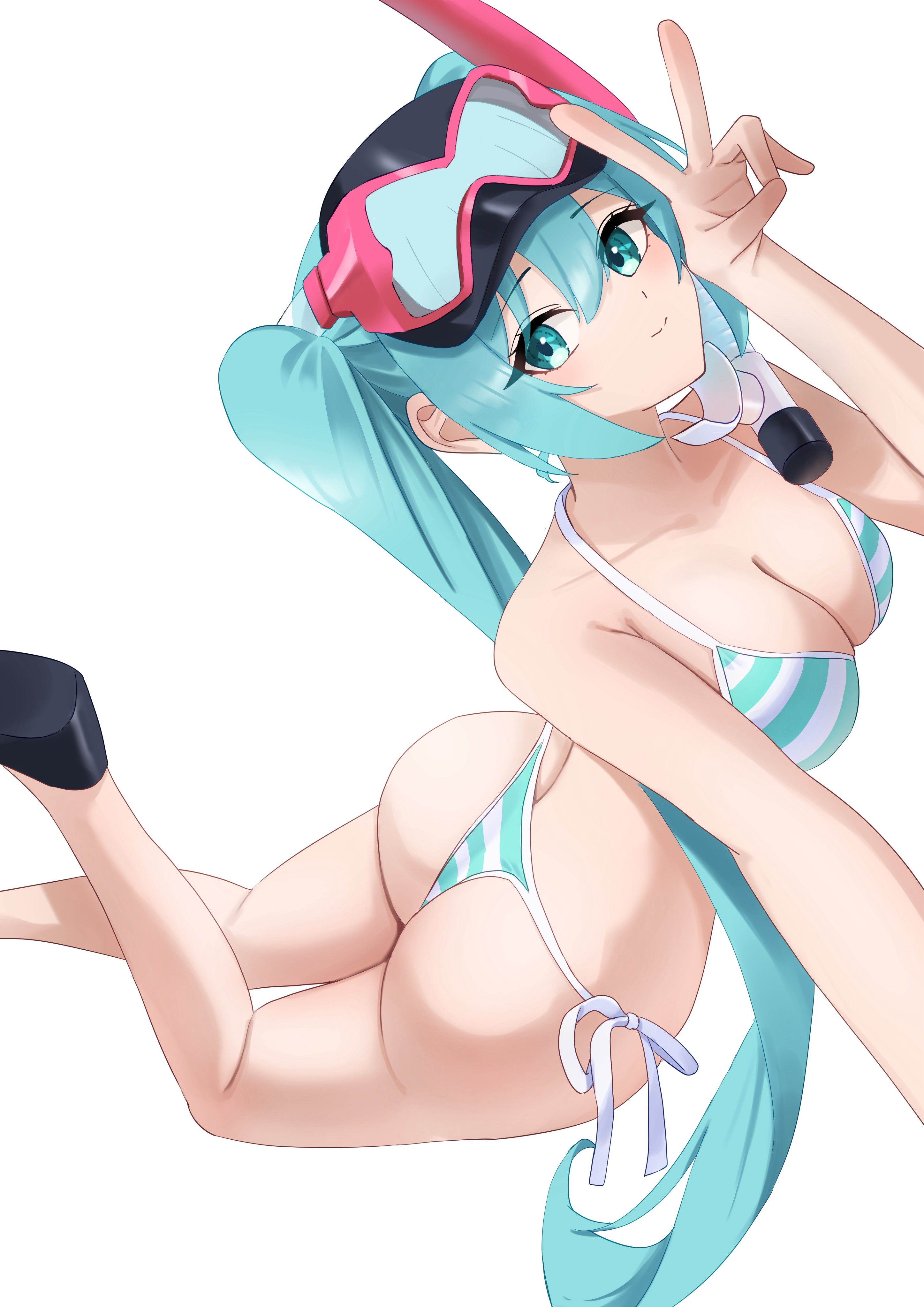 1girl, aqua eyes, aqua hair, ass, bangs, bikini, bikini bottom, bikini top, breasts, cleavage, closed mouth, collarbone, female, goggles, goggles on head, hair between eyes, halterneck, hatsune miku, large ass, large breasts, long hair, looking at viewer, lying, medium breasts, on stomach, scuba, scuba mask, shoes, side-tie bikini bottom, simple background, smile, snorkel, solo, string bikini, striped, striped bikini, swim goggles, swimsuit, twintails, v, very long hair, vocaloid, white background
