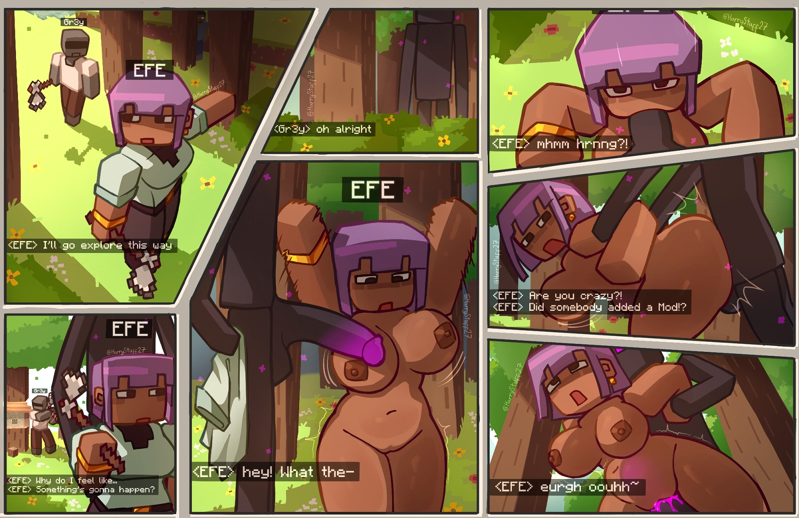 1boy, 1girls, belly bulge, comic, cum inside, efe (minecraft), enderman, forest, gold jewelry, harrystuff27, herobrine, large penis, minecraft, minecraft chat, multiple positions, purple hair, teleportation, text, text box, undressing