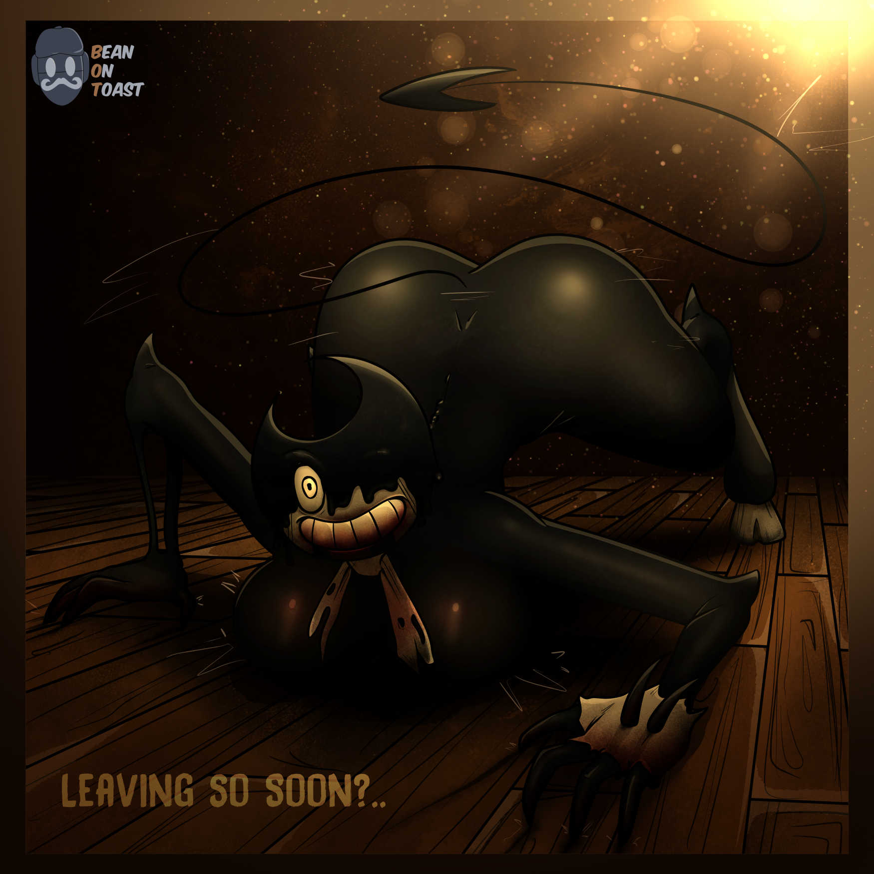 2025, 2d, 2d (artwork), 2d artwork, artist logo, artist name, beanontoast, bendy and the dark revival, bendy and the ink machine, bendy fem, big breasts, black body, breasts, demon, demon girl, dialogue, female, horns, ink, ink demon, red eyes, rule 63, sinny (bendy), tail, thick thighs