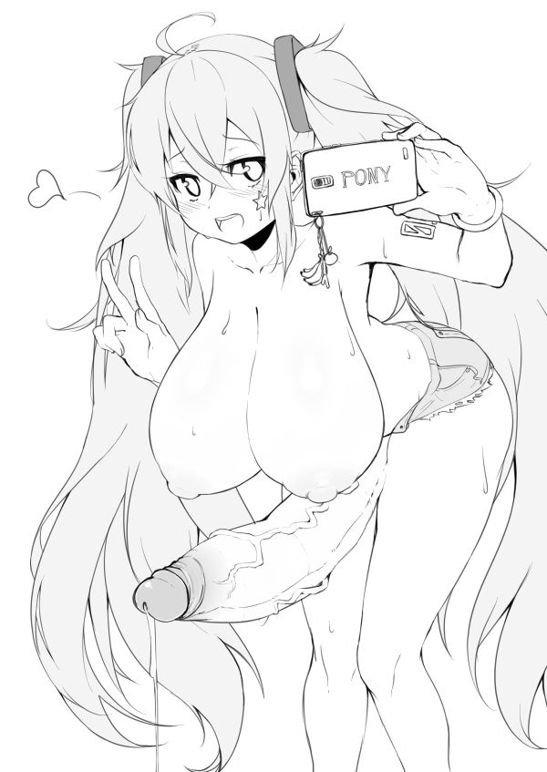 1futa, 1girl, 2016, ahoge, ass, big ass, black and white, blush, bracelet, breasts, cellphone, cleavage, denim, denim shorts, erection, facial tattoo, foreskin, futa only, futanari, greyscale, hair between eyes, hanging breasts, hatsune miku, heart, holding, huge breasts, huge cock, huge nipples, huge penis, intersex, jewelry, large areolae, large penis, leaning forward, long hair, looking at viewer, magister (bigbakunyuu), mirror, mirror selfie, monochrome, nipples, open mouth, penis, penis out, phone, precum, precum drip, retracted foreskin, selfie, short shorts, shorts, simple background, smartphone, smile, solo, star tattoo, sweat, tagme, tattoo, topless, twintails, uncensored, uncircumcised, v, veins, veiny penis, very long hair, vocaloid, white background