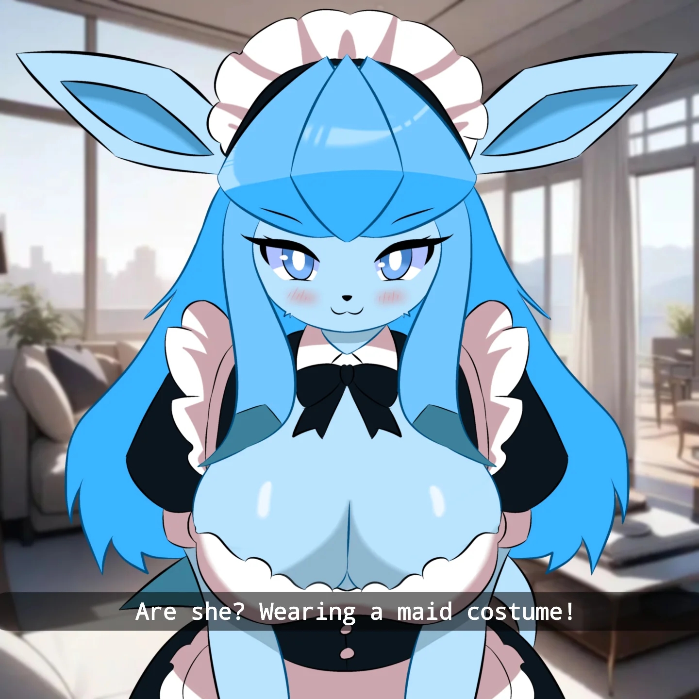 1:1, 2025, anthro, anthro pokemon, anthrofied, big breasts, blue body, blue eyes, blush, breasts, cleavage, clothed, clothing, digital media (artwork), eeveelution, english text, evaacii, female, generation 4 pokemon, glaceon, hair, half-length portrait, hi res, long hair, looking at viewer, maid apron, maid headdress, maid uniform, nintendo, pokemon, pokemon (species), pokemorph, portrait, smile, solo, tail, text, uniform