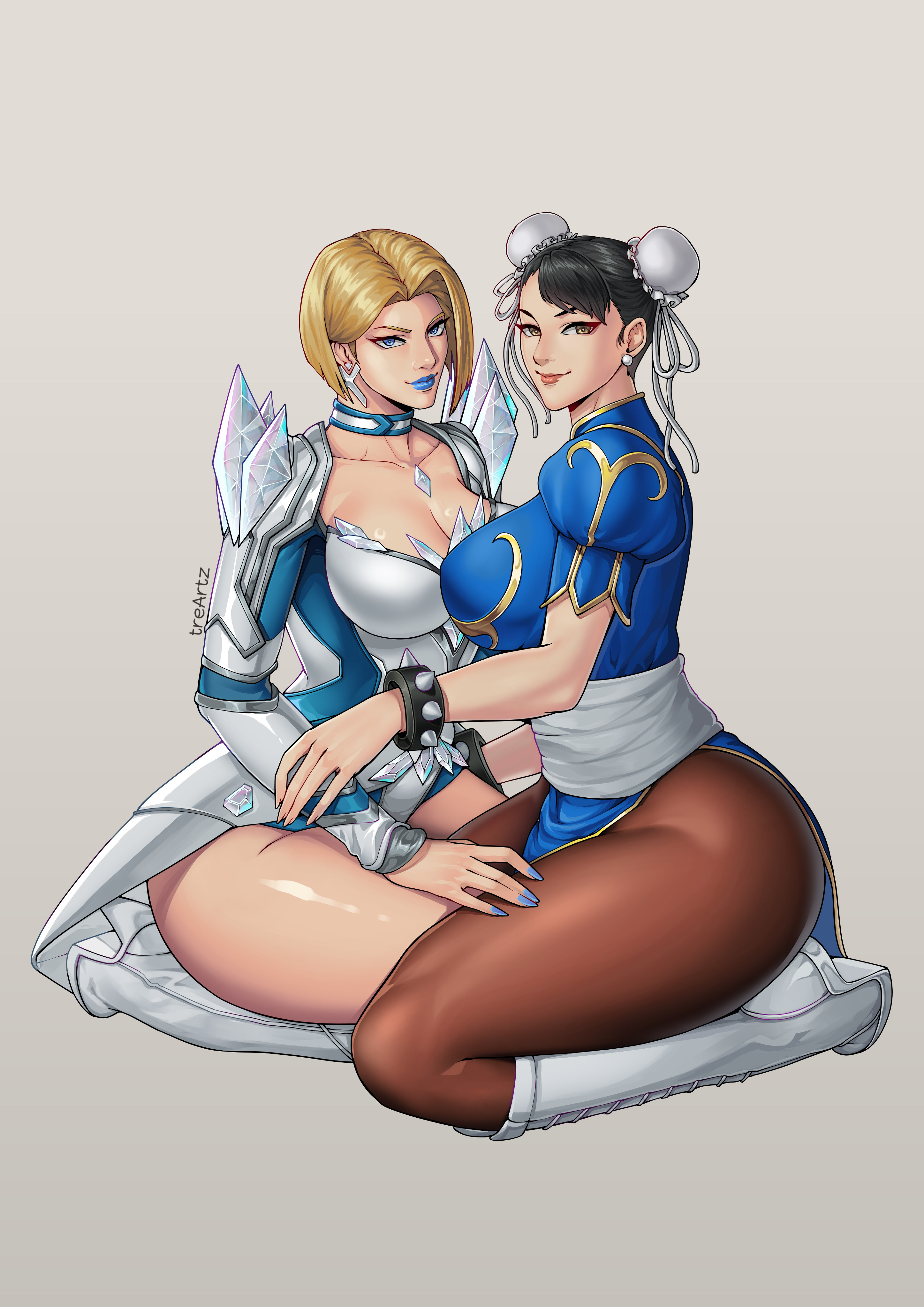 2025, 2d, 2d (artwork), 2girls, absurdres, artist name, blonde hair, blue eyes, blue lips, blue nails, boots, bracelet, breasts, brown eyes, brown hair, bun cover, capcom, china dress, chinese clothes, choker, chun-li, cleavage, clothed, clothed female, collarbone, crossover, double bun, dress, earrings, eastern and western character, emma frost, female, female only, hair bun, hands on another's leg, highres, interracial, jewelry, knee boots, large breasts, leotard, lipstick, looking at viewer, makeup, marvel, marvel comics, marvel rivals, marvel vs. capcom, mature female, pantyhose, pelvic curtain, questionable, short hair, simple background, smile, spiked bracelet, spikes, street fighter, street fighter ii, street fighter ii (series), studded bracelet, thick thighs, thighs, thotlerrr, tre artz, treartz, unitard, white boots, wide hips, x-men