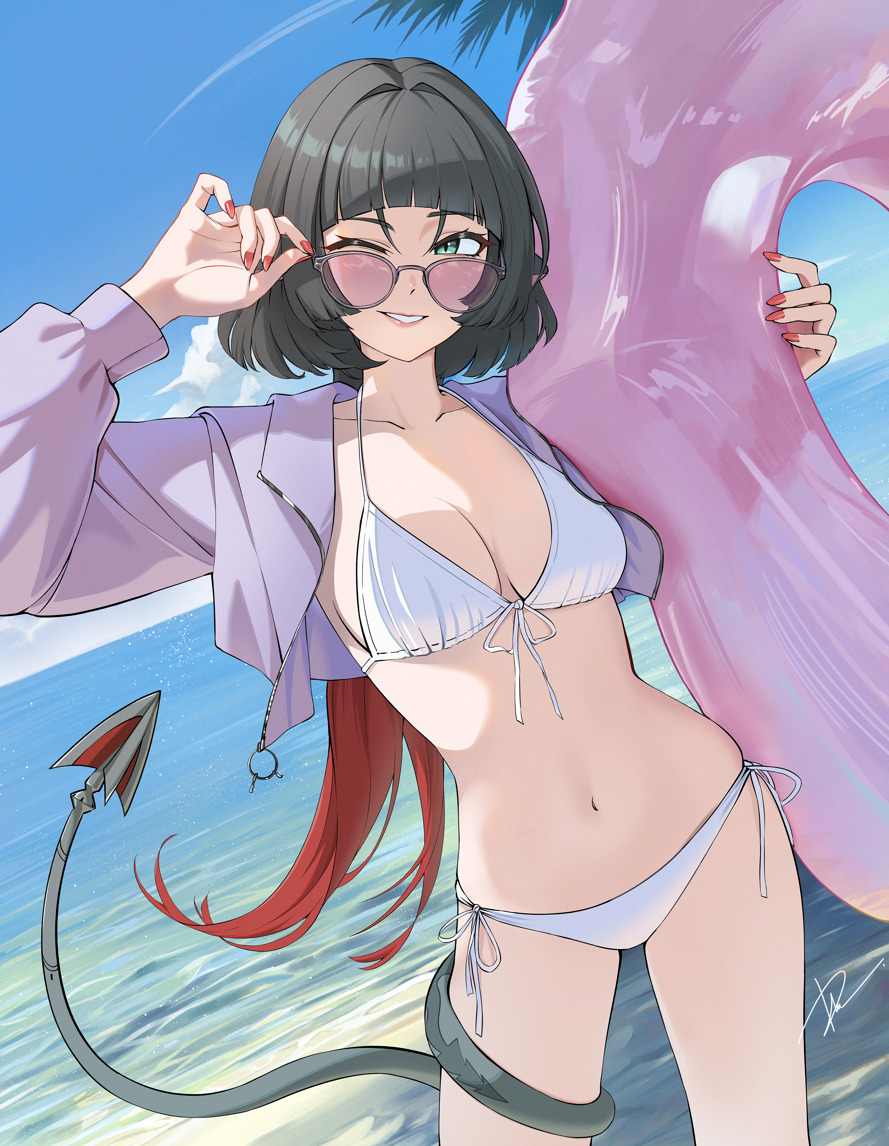 absurdres, adjusting eyewear, animal ears, bikini, black hair, blue sky, breasts, cloud, commentary, dai (tdaitw), day, english commentary, female, female only, green eyes, grin, highres, holding, holding swim ring, innertube, jacket, jane doe (zenless zone zero), large breasts, long hair, looking at viewer, looking over eyewear, looking over sunglasses, mouse ears, mouse girl, mouse tail, multicolored hair, ocean, one eye closed, purple innertube, purple jacket, purple-tinted eyewear, red hair, sharp tail, sky, smile, solo, standing, sunglasses, swim ring, swimsuit, tail, tail around own leg, thighs, tinted eyewear, white bikini, zenless zone zero