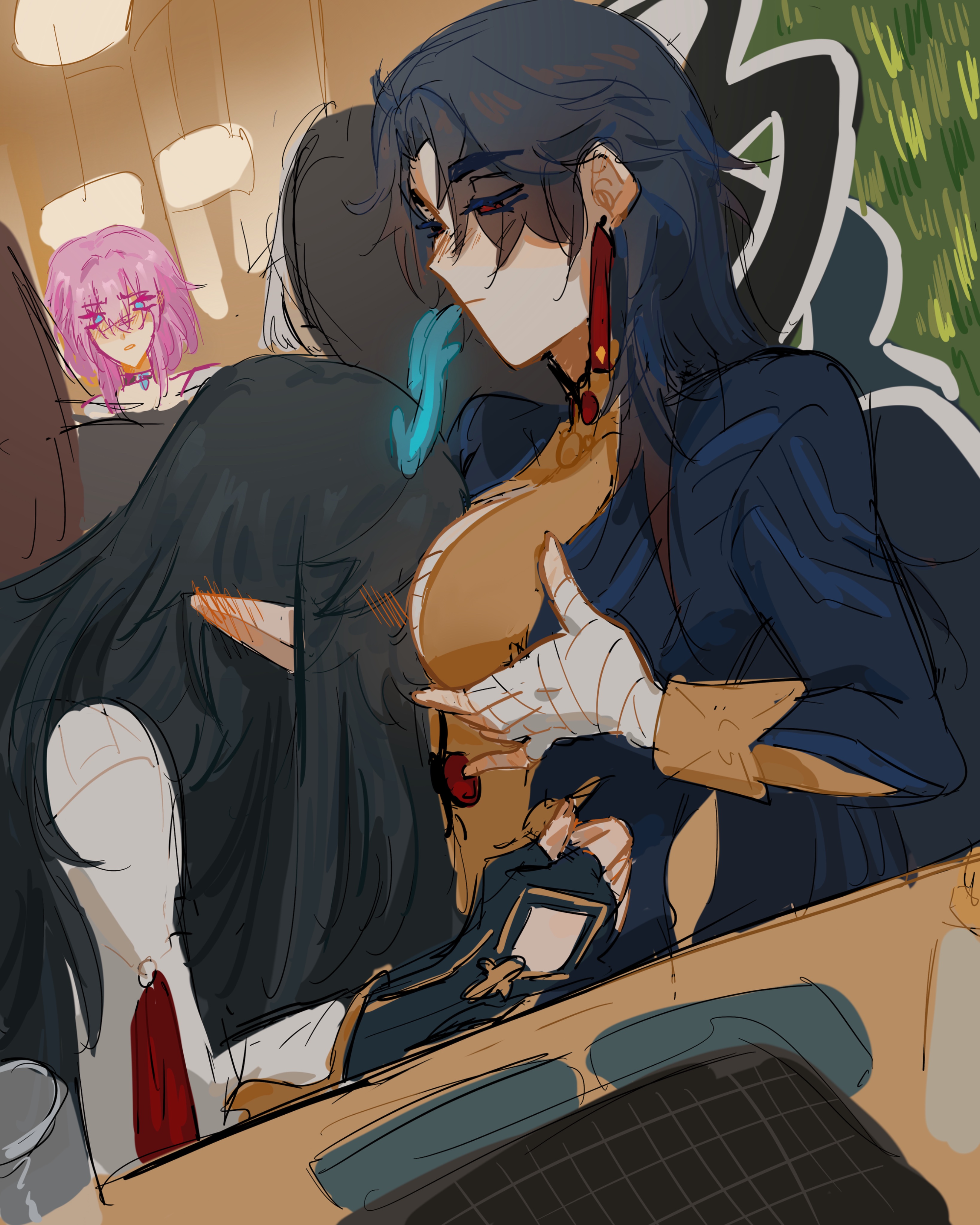 2girls, blade (honkai: star rail), blush, breasts, clothed, clothes, clothing, dan heng, dan heng (imbibitor lunae), face in breasts, female, female focus, female only, genderbent, genderswap (mtf), honkai (series), honkai: star rail, horns, hoyoverse, long hair, rule 63, veezee 6, yuri