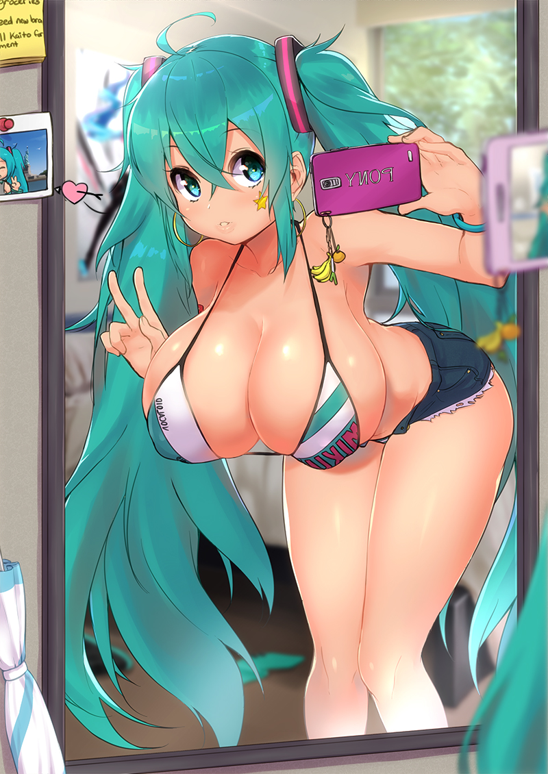 1girl, 1girls, 2016, ahoge, alternate breast size, aqua eyes, aqua hair, ass, bangs, bare legs, bare shoulders, bent over, big ass, bikini, bikini top, bikini top only, blue eyes, blue hair, blurry, blush, bra, breasts, cellphone, cleavage, collarbone, covered nipples, cutoffs, day, denim, denim shorts, depth of field, earrings, english text, facial mark, facial tattoo, female, female only, hair between eyes, hanging breasts, hatsune miku, heart, holding, holding phone, hoop earrings, huge breasts, indoors, jewelry, leaning forward, long hair, looking at viewer, magister (bigbakunyuu), mirror, mirror selfie, open fly, parted lips, phone, reflection, selfie, shiny, shiny hair, shiny skin, short shorts, shorts, smartphone, solo, standing, strap gap, striped, striped bikini, swimsuit, tagme, tattoo, thighs, twintails, umbrella, v, very long hair, vocaloid, white skin, window
