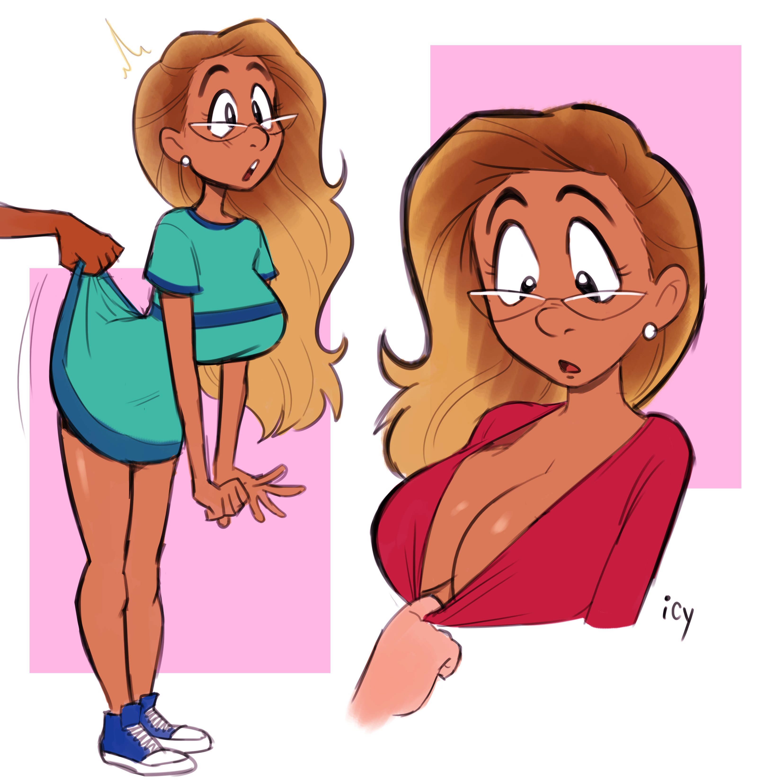 big breasts, breasts, brown hair, dark skin, dark-skinned female, female, glasses, iseenudepeople, long hair, male, oblivious, petunia (iseenudepeople), shirt pull, skirt lift, unseen male face